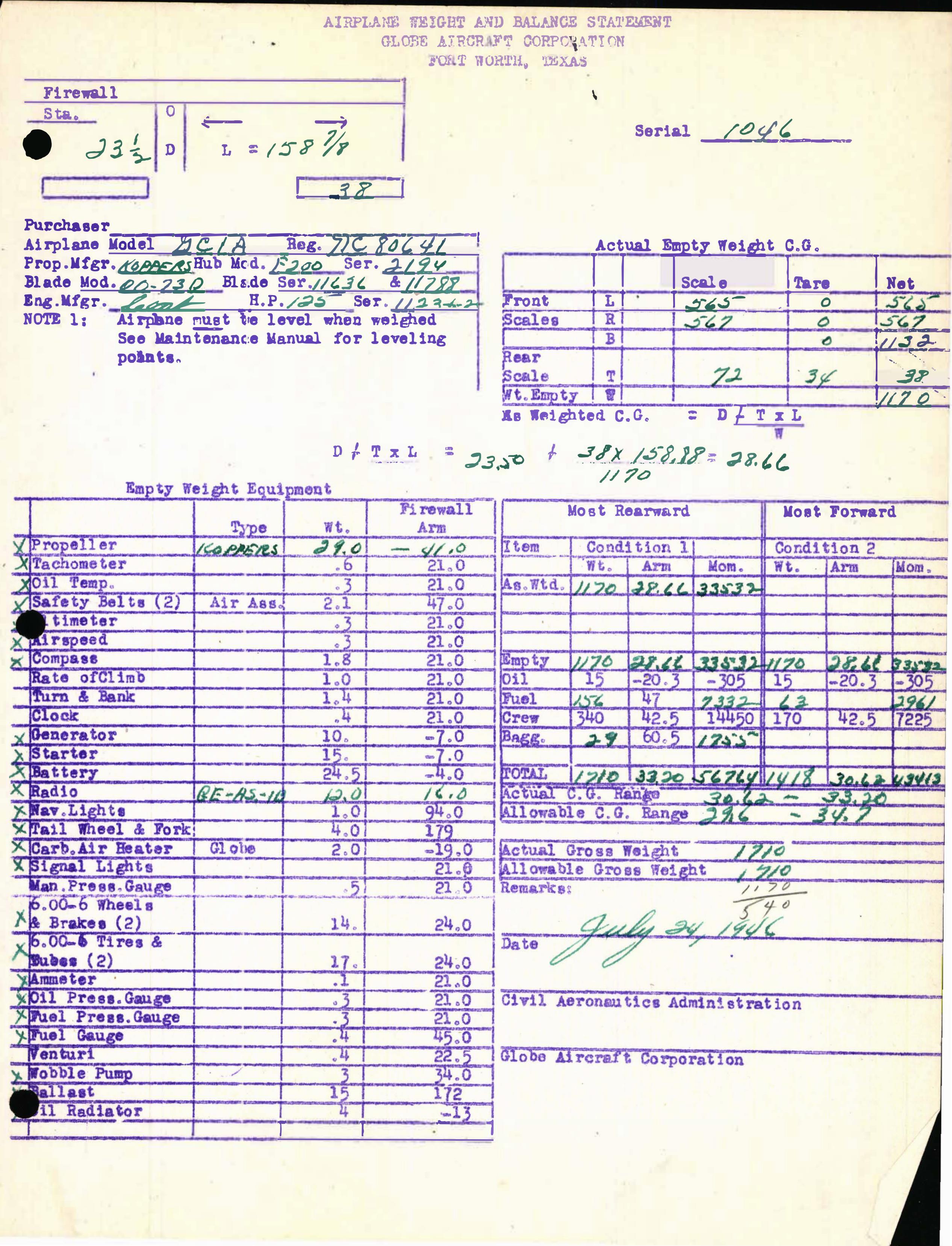 Sample page 7 from AirCorps Library document: Technical Information for Serial Number 1046