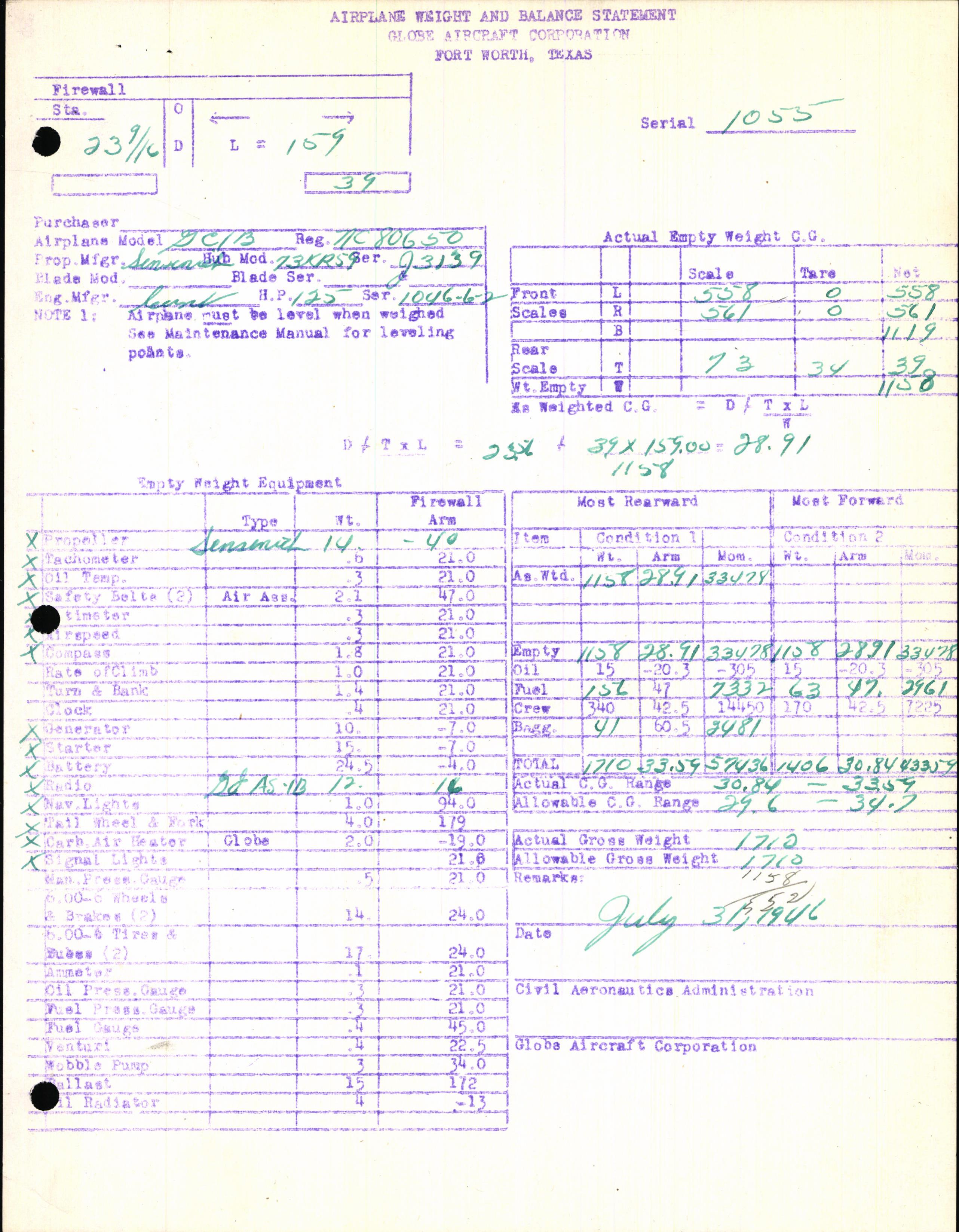 Sample page 7 from AirCorps Library document: Technical Information for Serial Number 1055