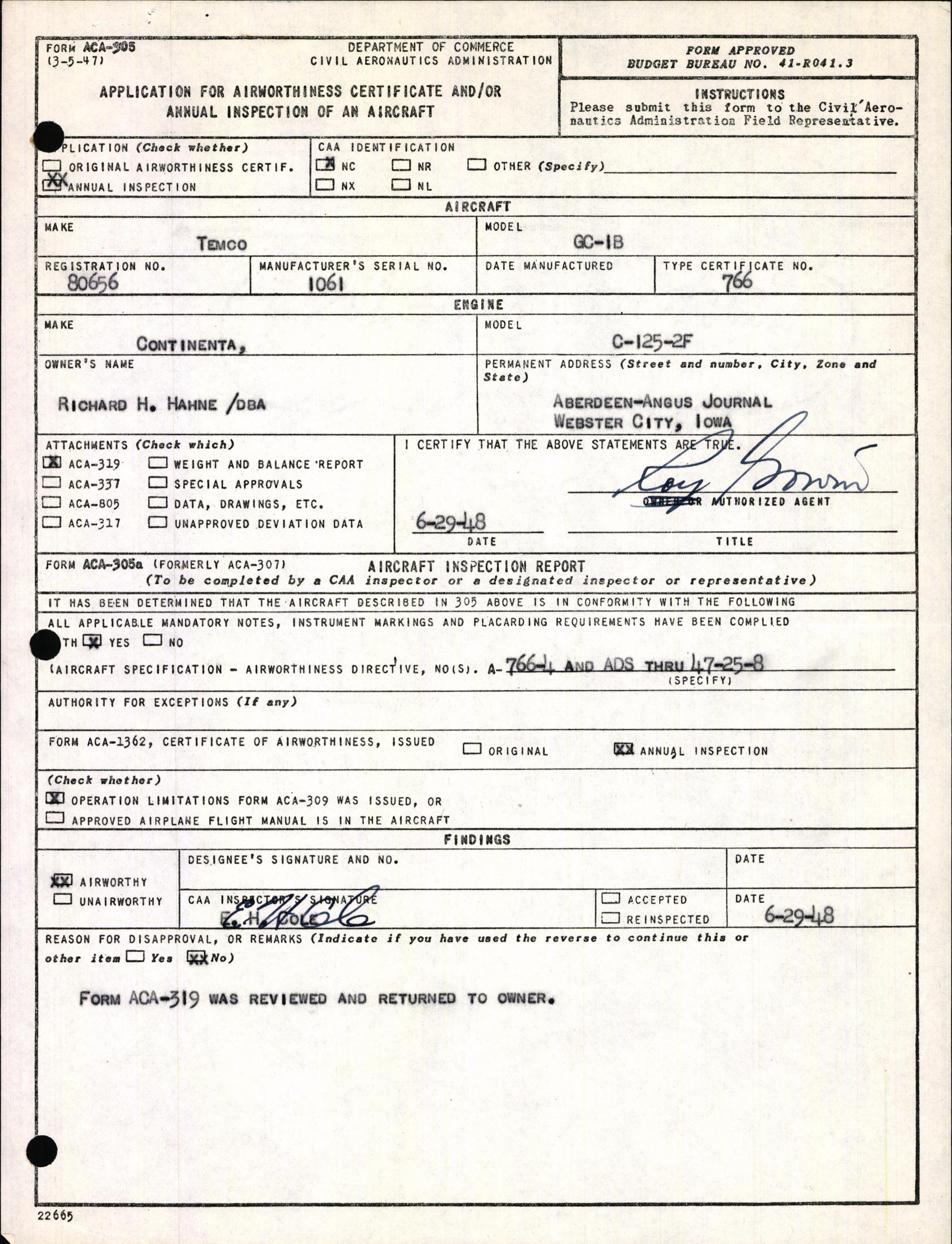 Sample page 3 from AirCorps Library document: Technical Information for Serial Number 1061