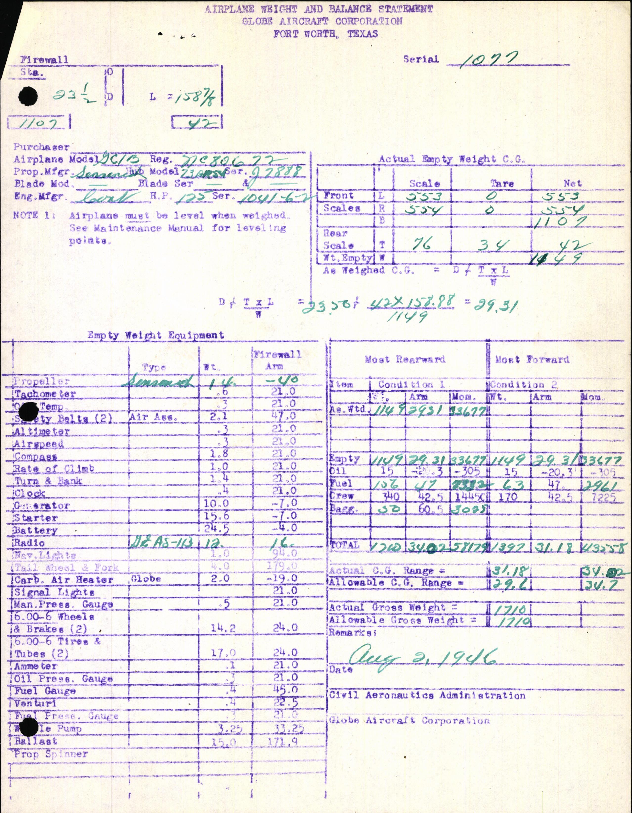 Sample page 7 from AirCorps Library document: Technical Information for Serial Number 1077