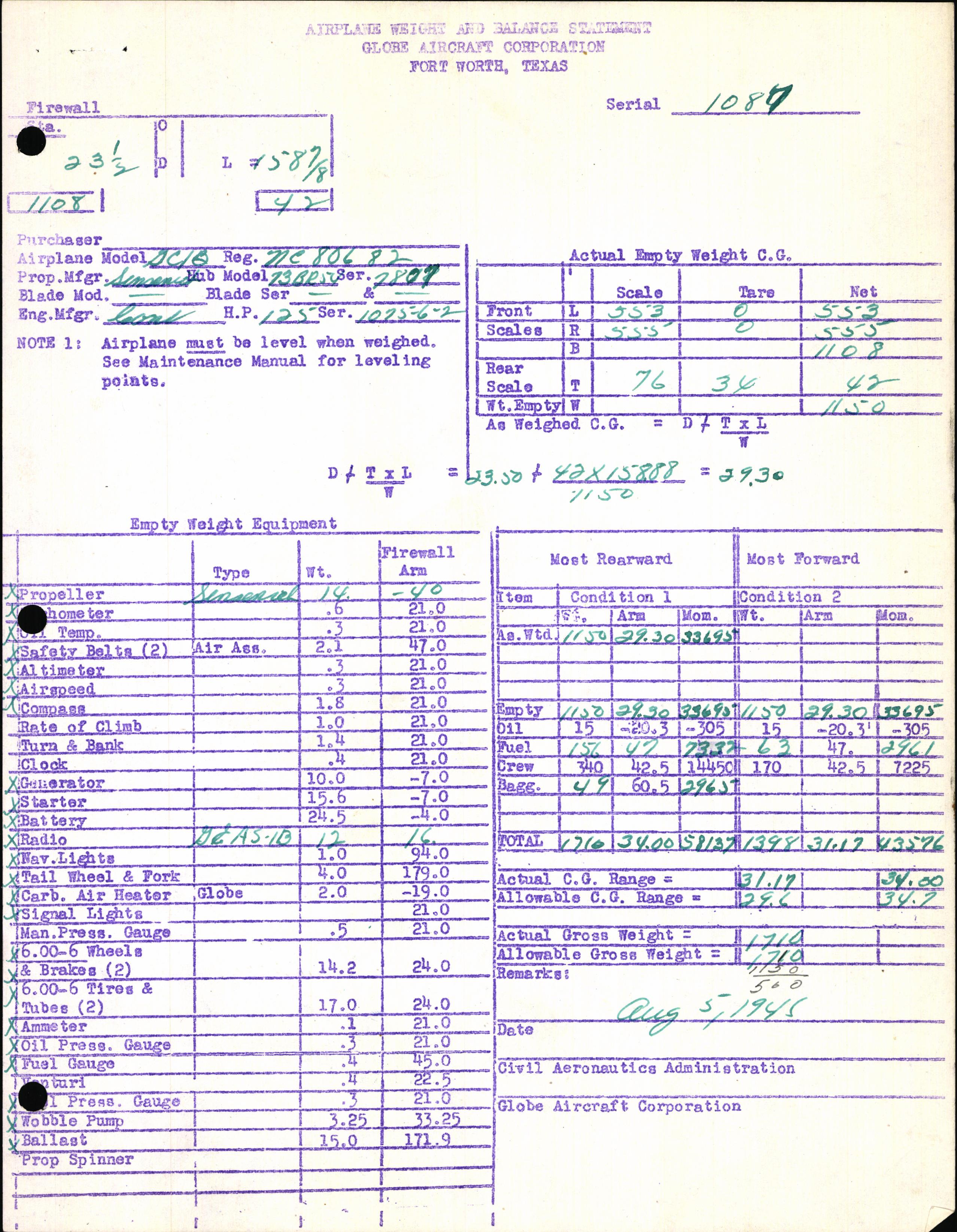 Sample page 5 from AirCorps Library document: Technical Information for Serial Number 1087