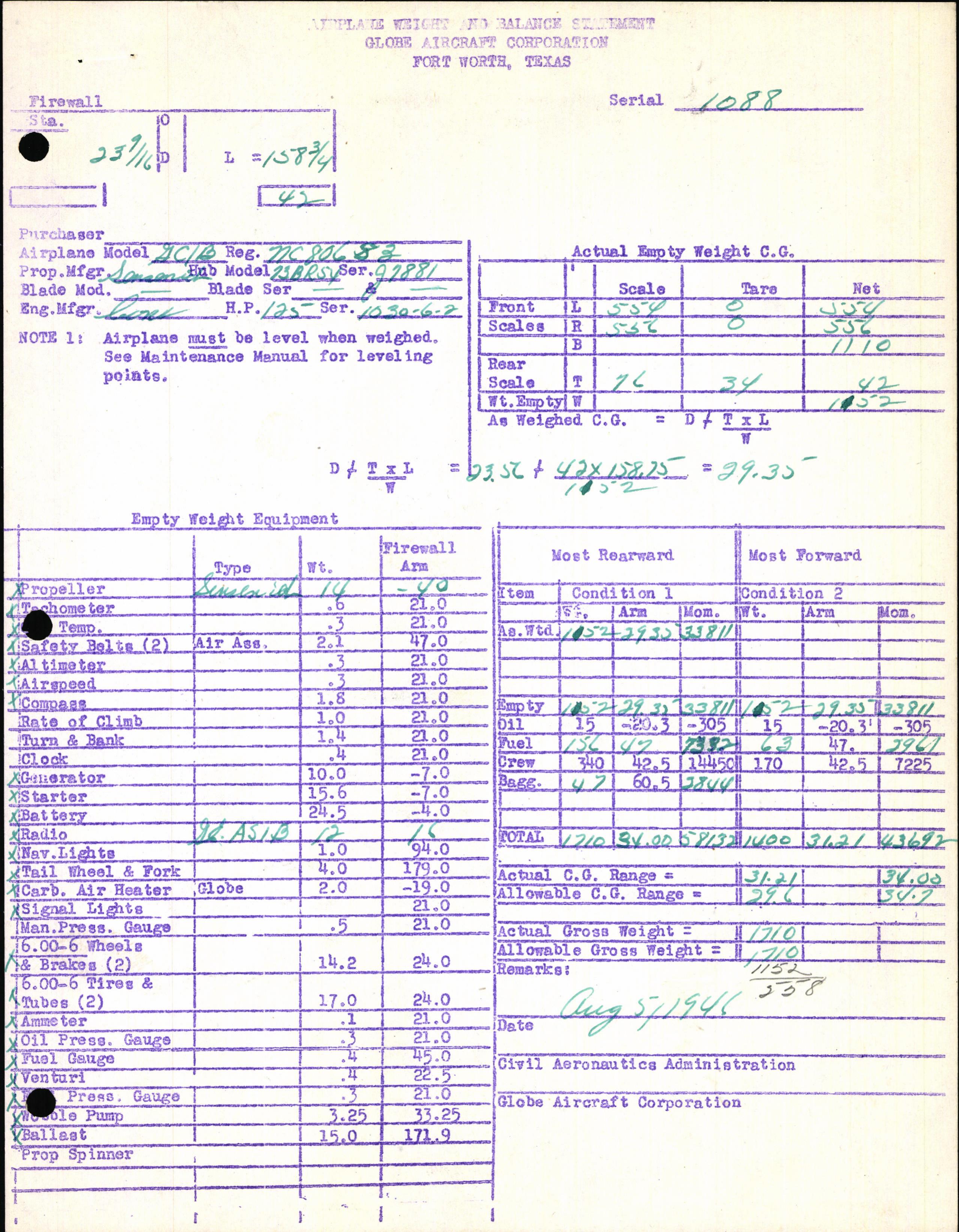 Sample page 5 from AirCorps Library document: Technical Information for Serial Number 1088