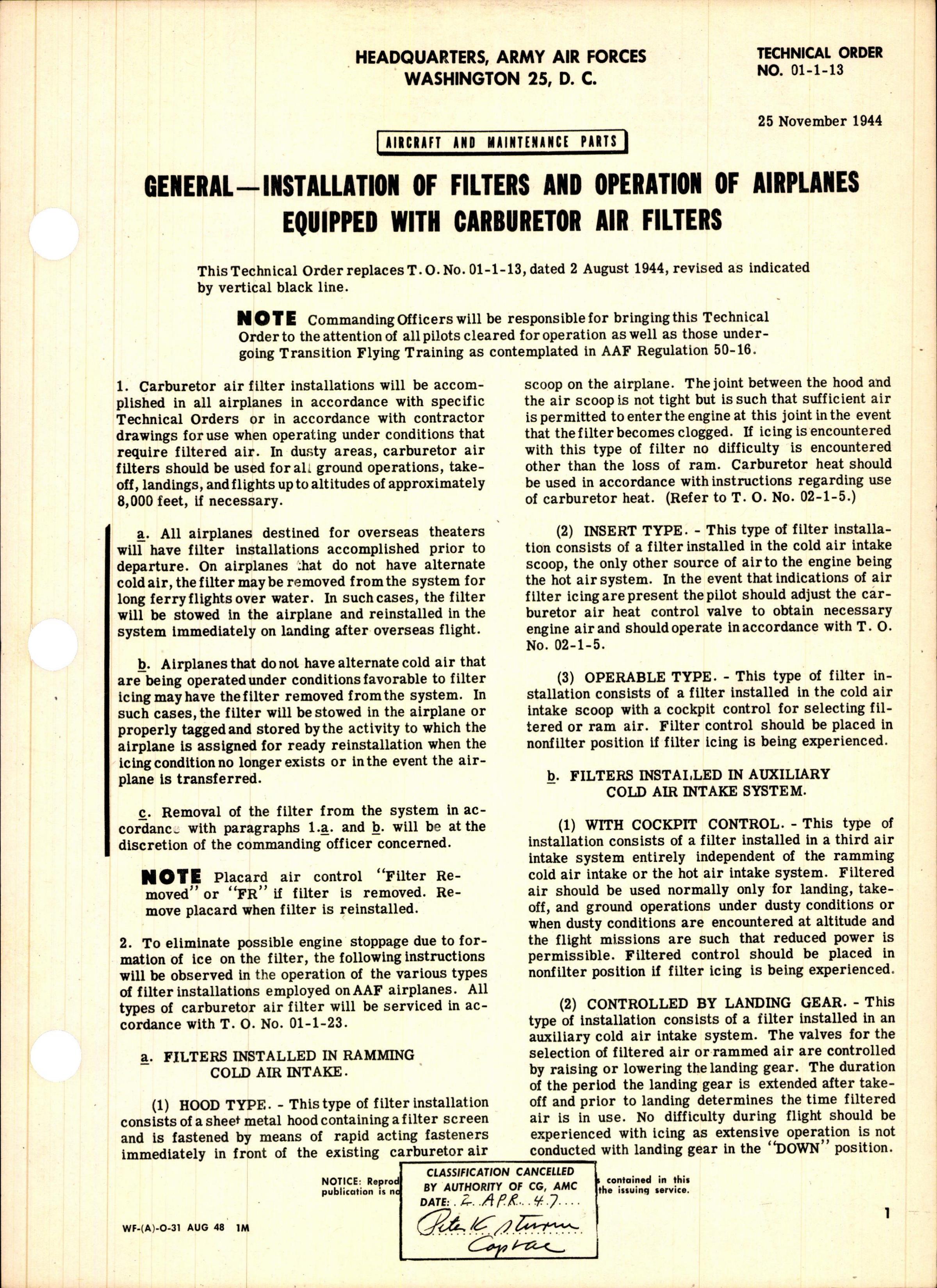 Sample page 1 from AirCorps Library document: Installation of Filters and Operation of Airplanes Equipped with Carburetor Air Filters