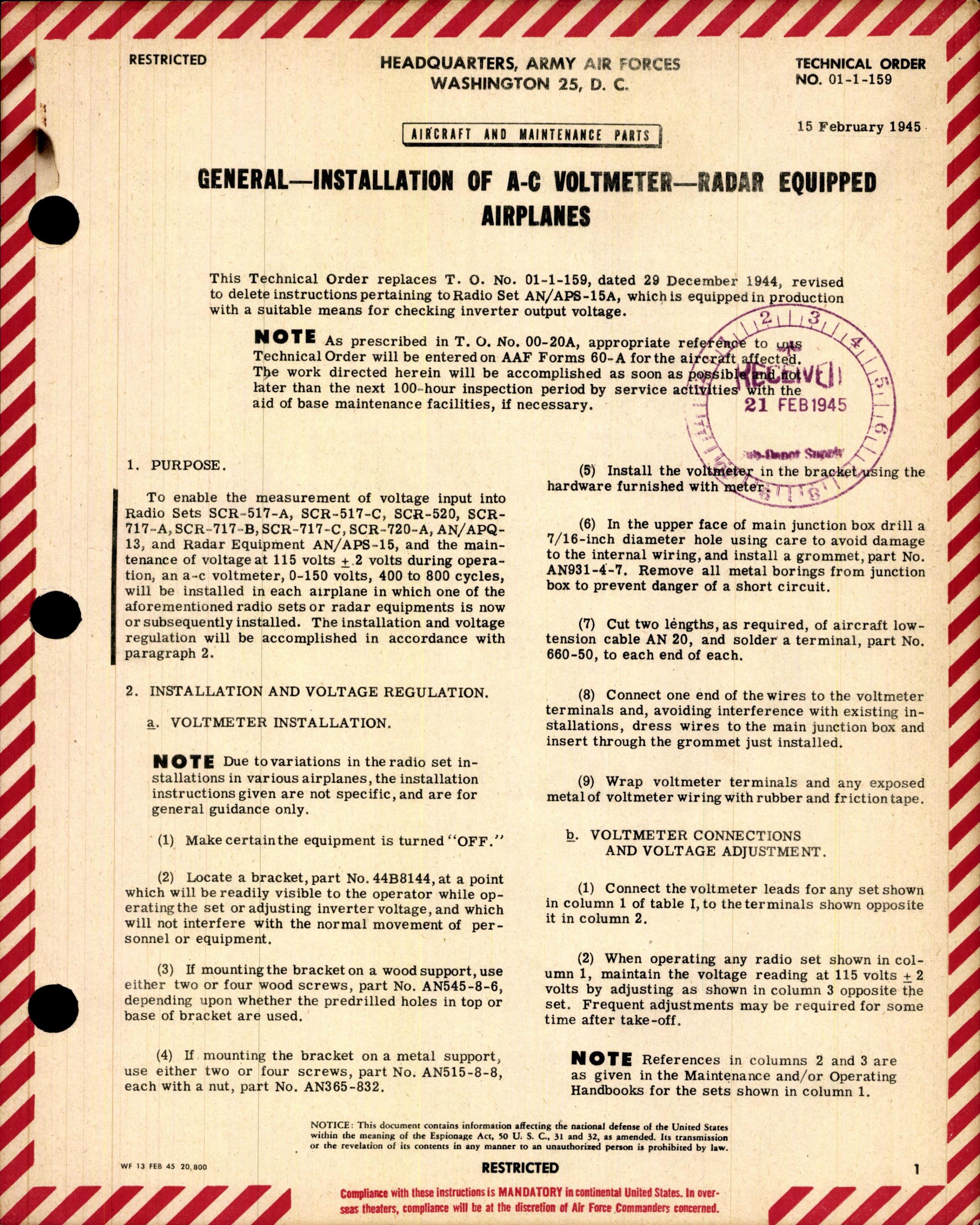 Sample page 1 from AirCorps Library document: General Installation of A-C Voltmeter Radar Equipped Airplanes