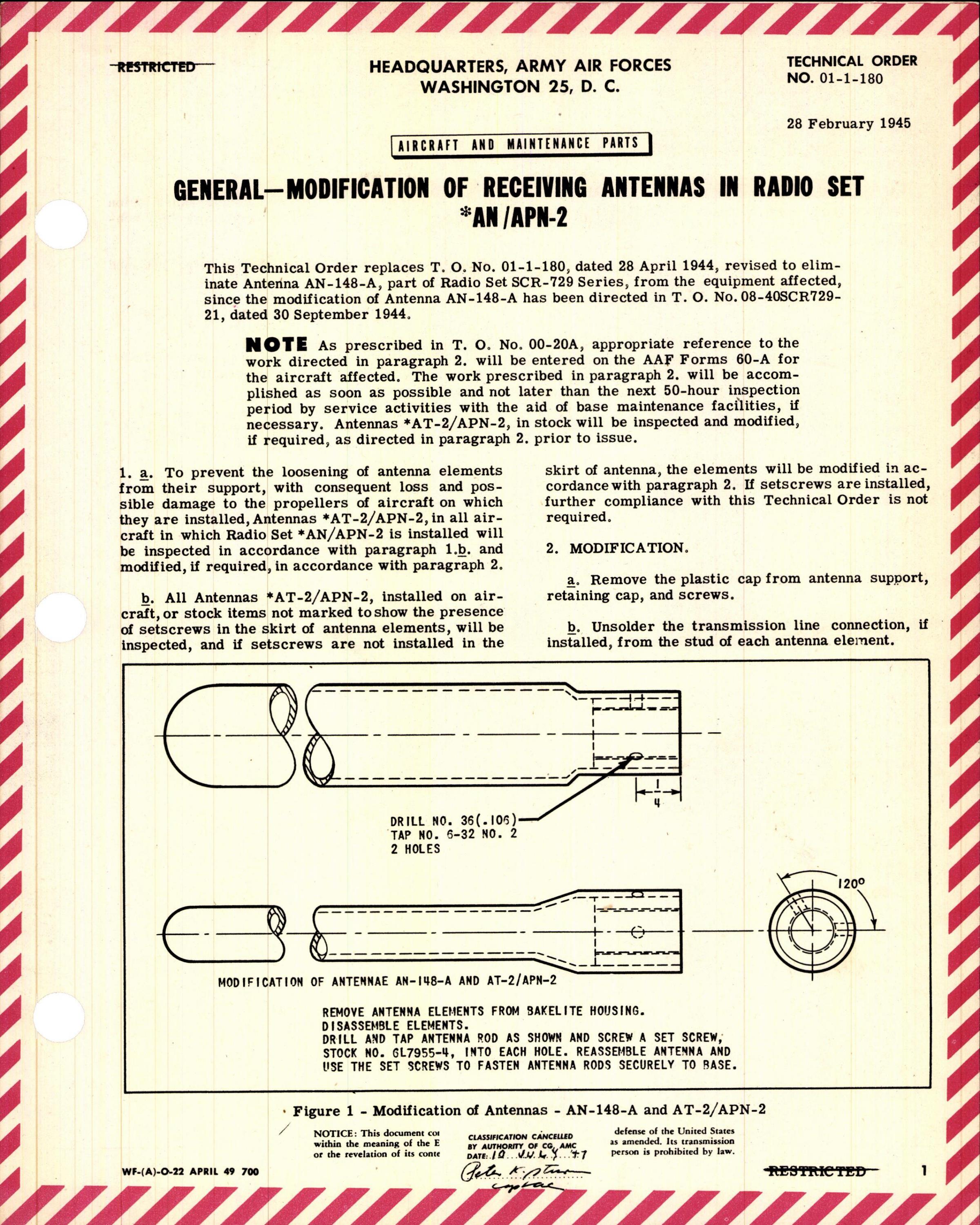 Sample page 1 from AirCorps Library document: Modification of Receiving Antennas in Radio Set AN/APN-2