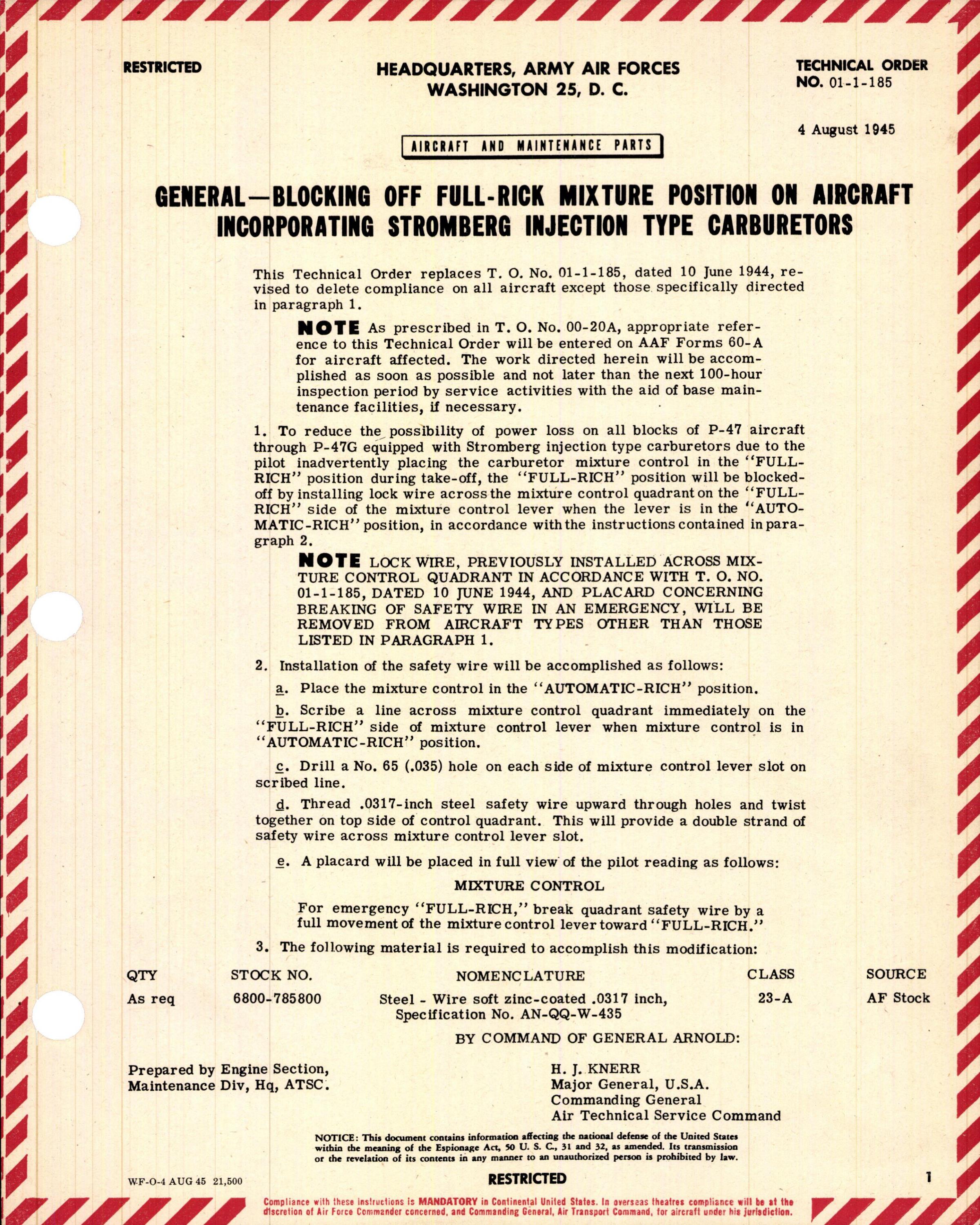 Sample page 1 from AirCorps Library document: Blocking Off Full-Rick Mixture Position on Aircraft Incorporating Stromberg Injection Type Carburetors