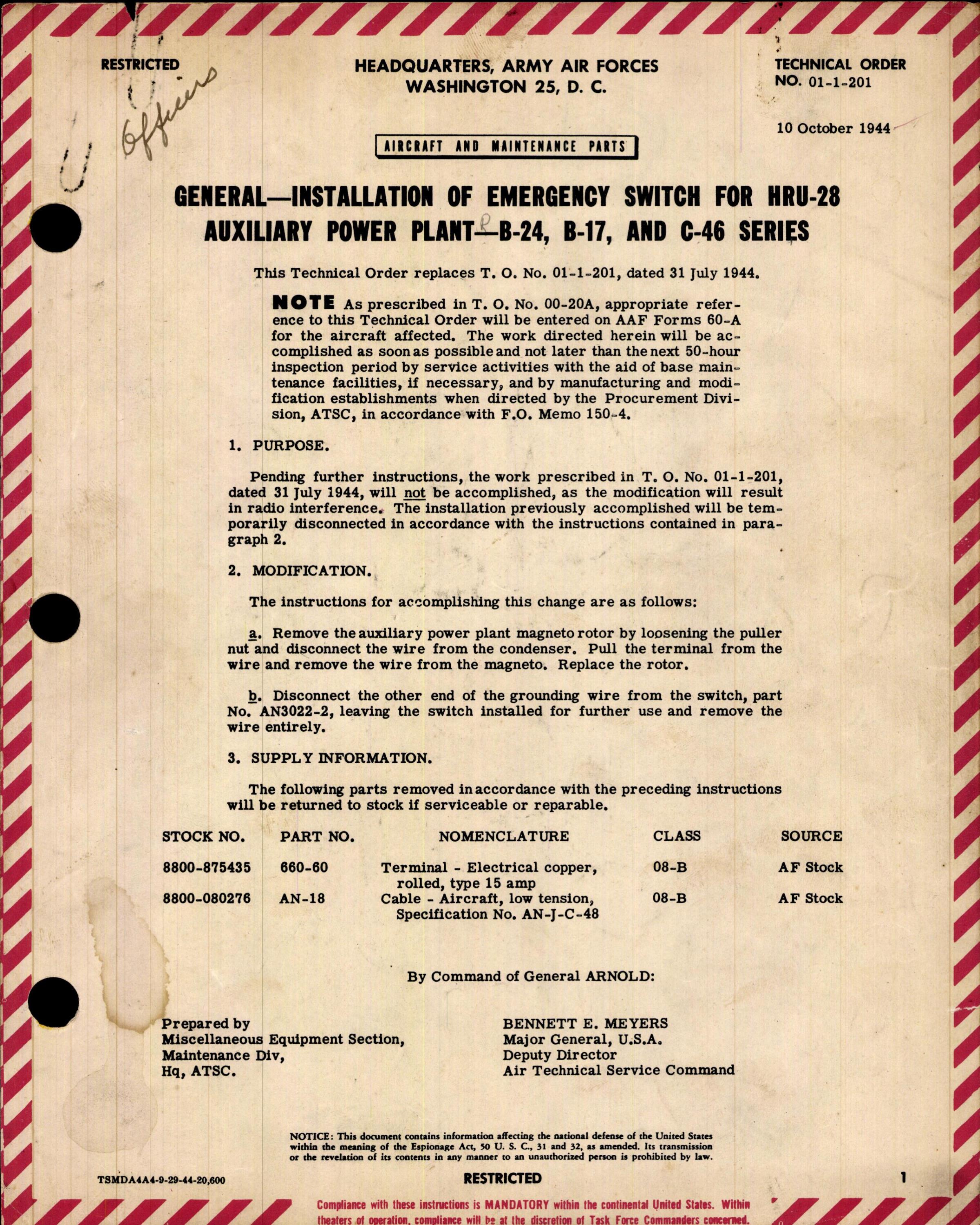 Sample page 1 from AirCorps Library document: Installation of Emergency Switch for Auxiliary Power Plant