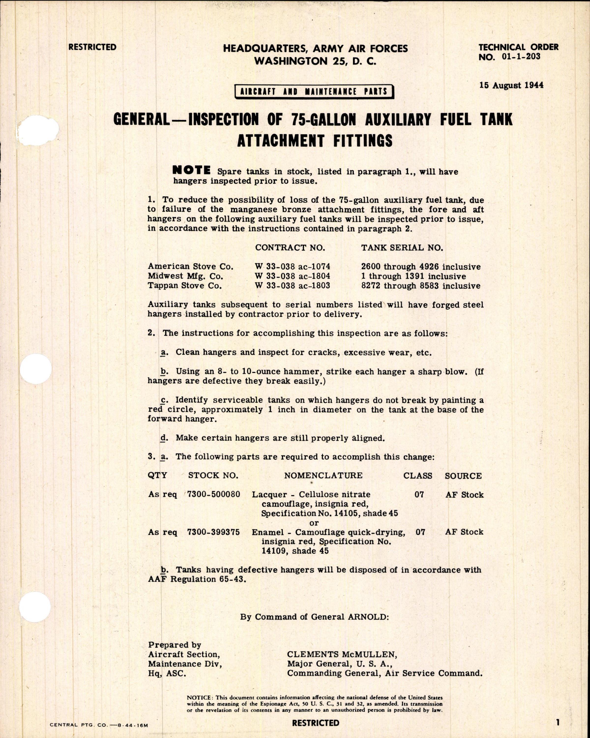 Sample page 1 from AirCorps Library document: Inspection of 75-Gallon Auxiliary Fuel Tank Attachment Fittings