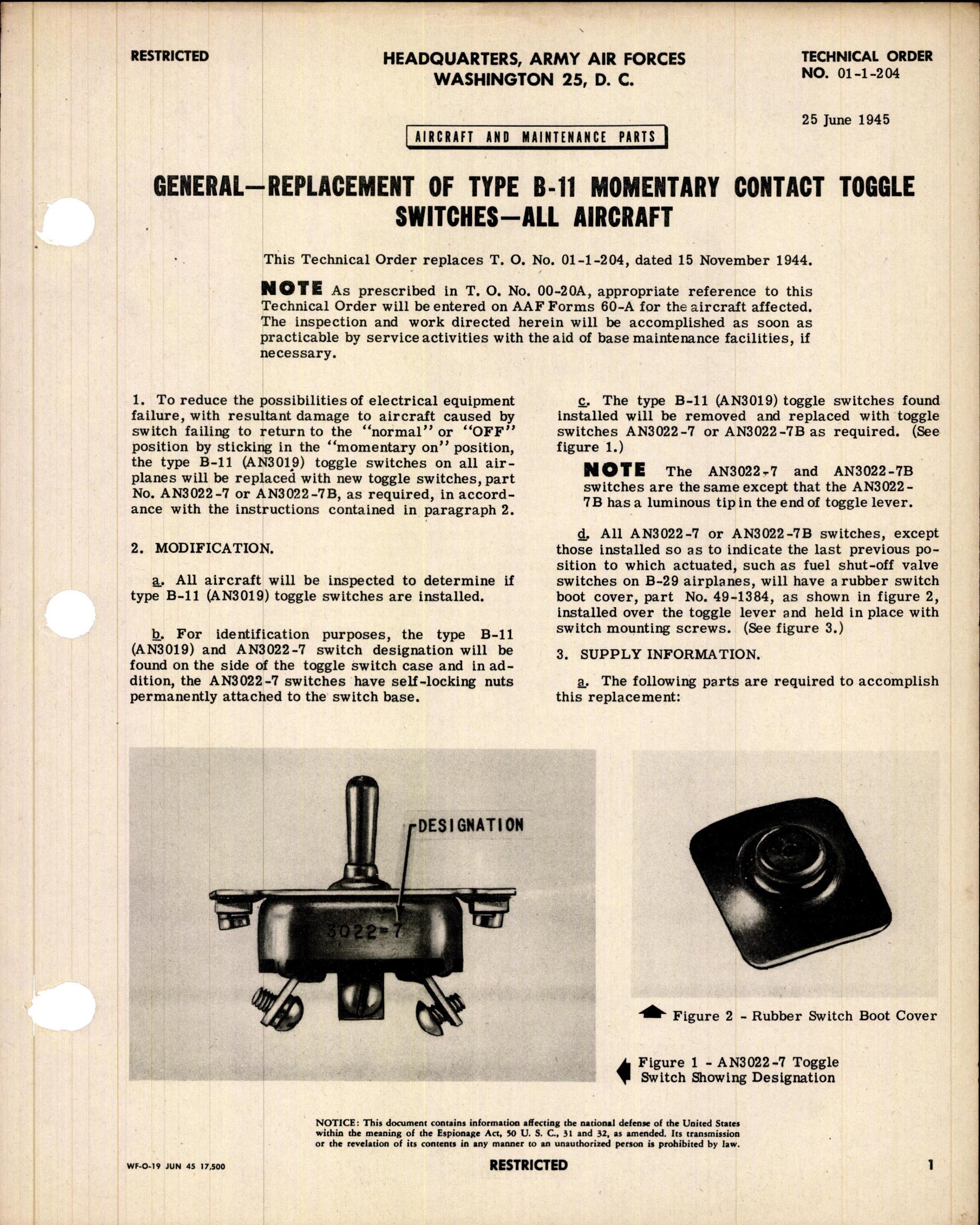 Sample page 1 from AirCorps Library document: Replacement of Type B-11 Momentary Contact Toggle Switches