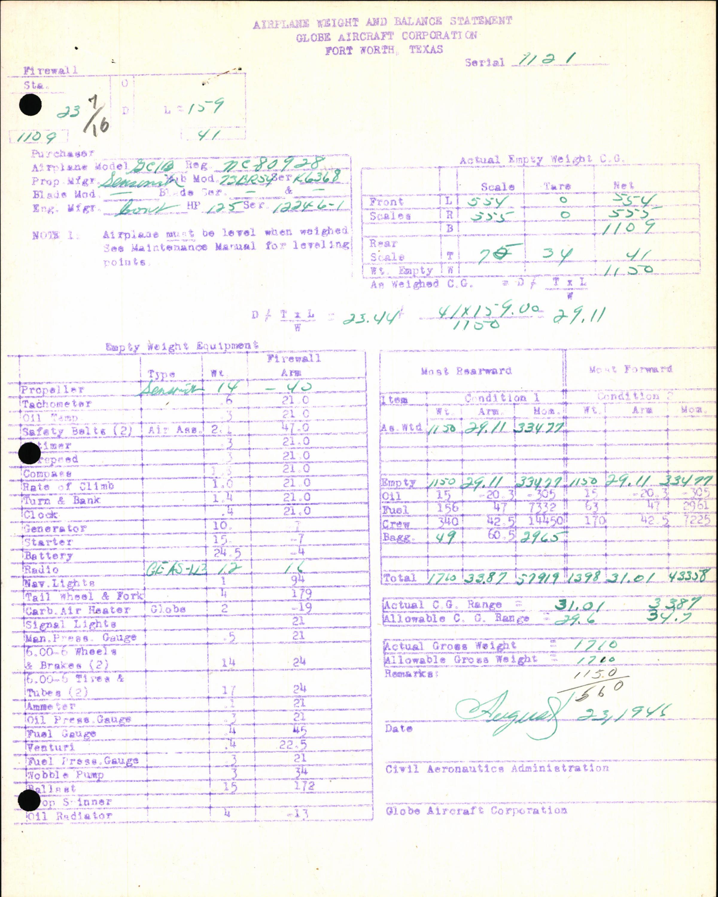 Sample page 5 from AirCorps Library document: Technical Information for Serial Number 1121