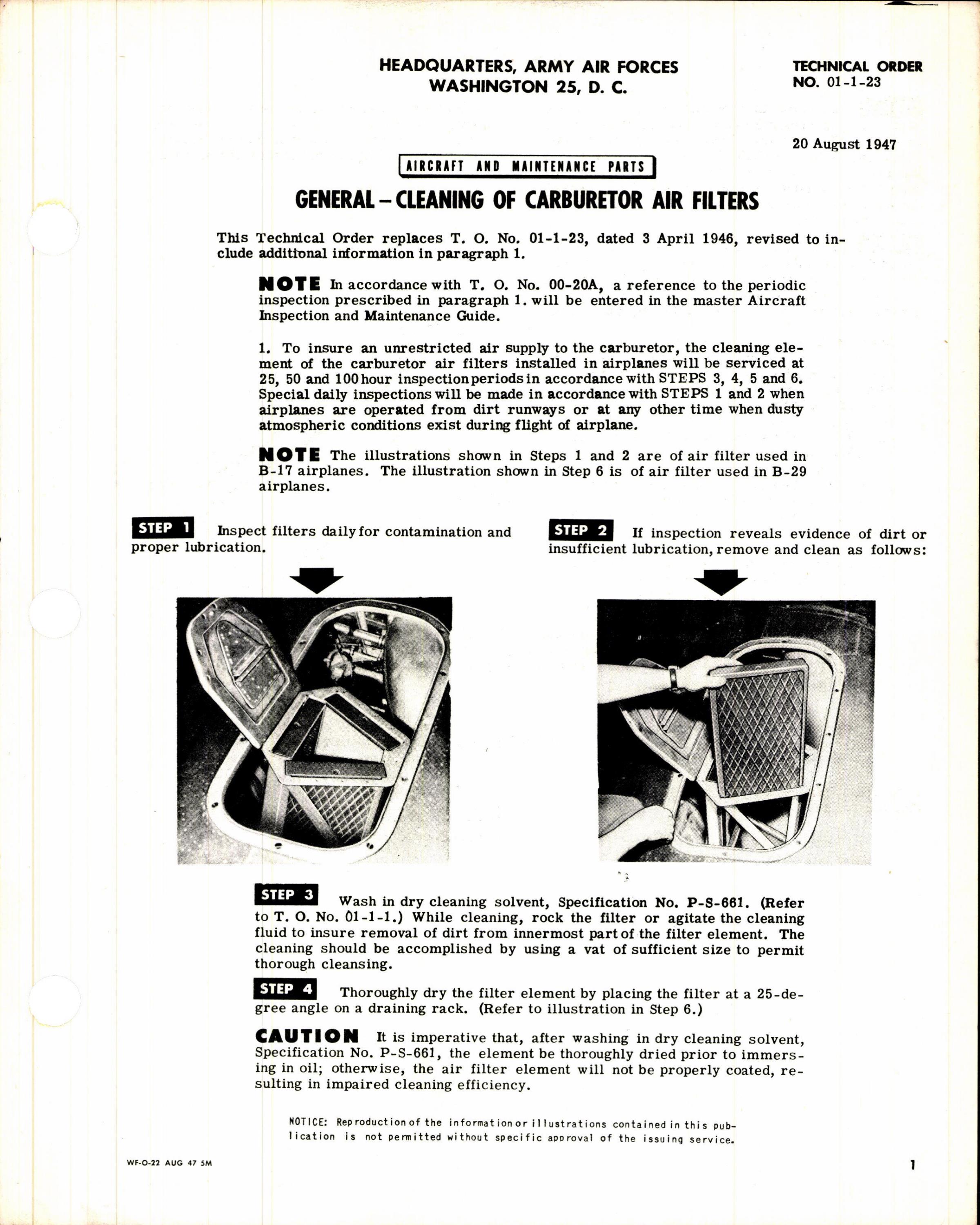 Sample page 1 from AirCorps Library document: Cleaning of Carburetor Air Filters