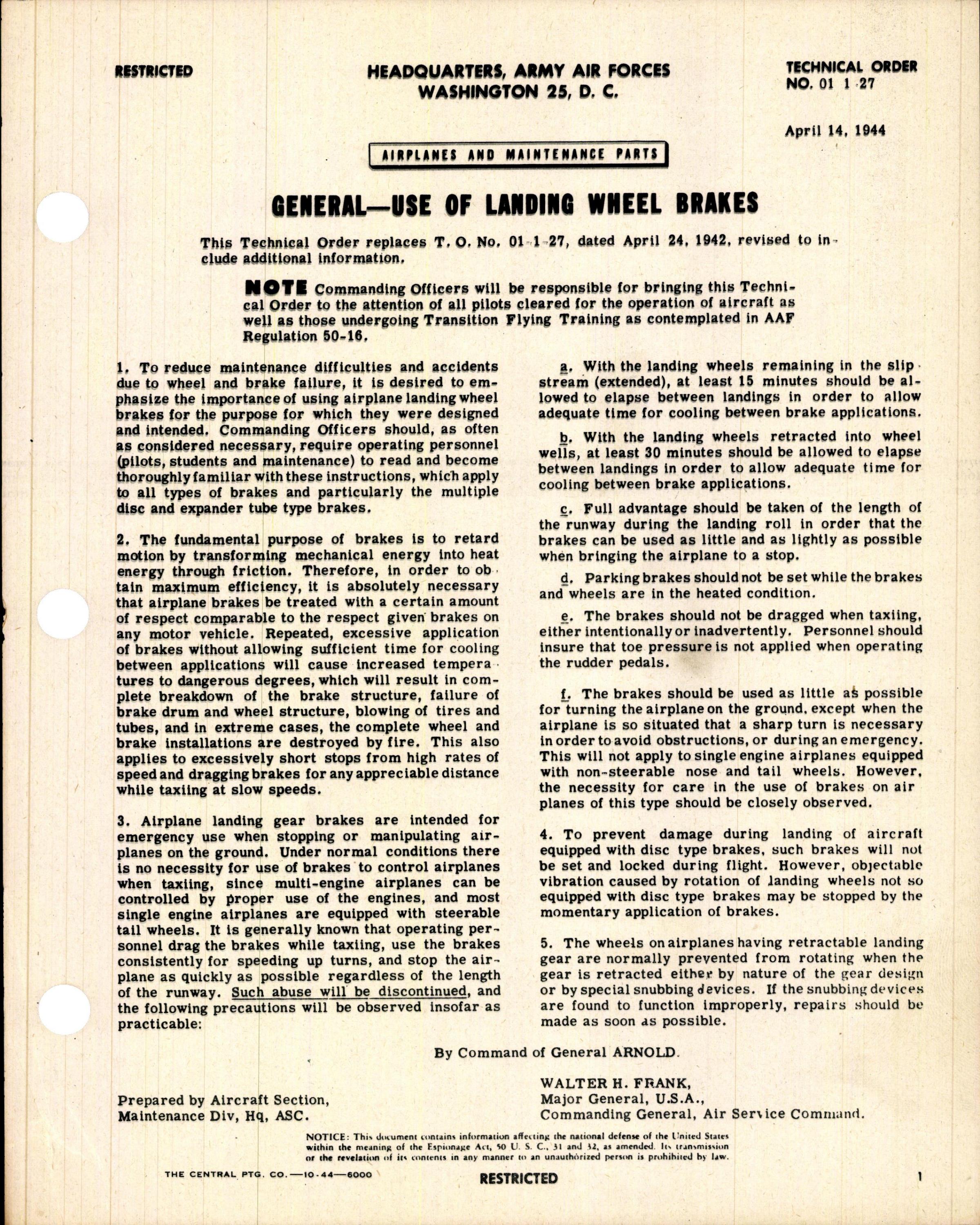 Sample page 1 from AirCorps Library document: Use of Landing Wheel Brakes
