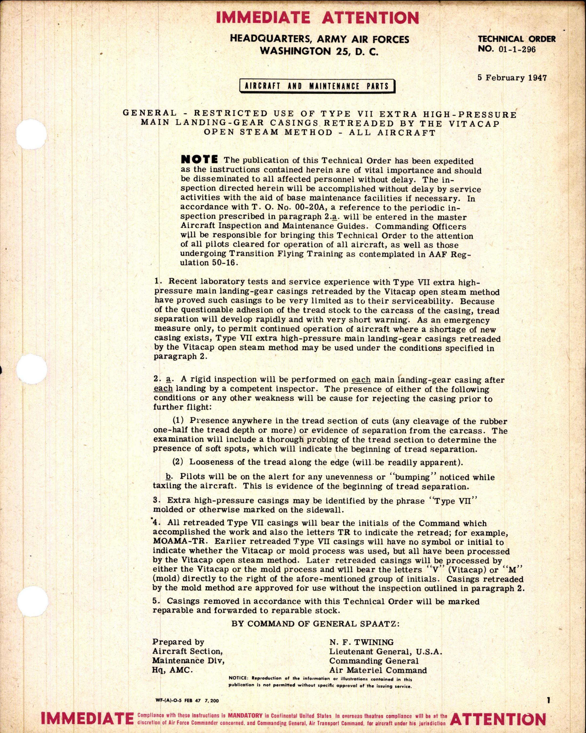 Sample page 1 from AirCorps Library document: Restricted Use of Type VII Extra High-Pressure Main Landing Gear Casings Retreaded by the Vitacap Open Steam Method