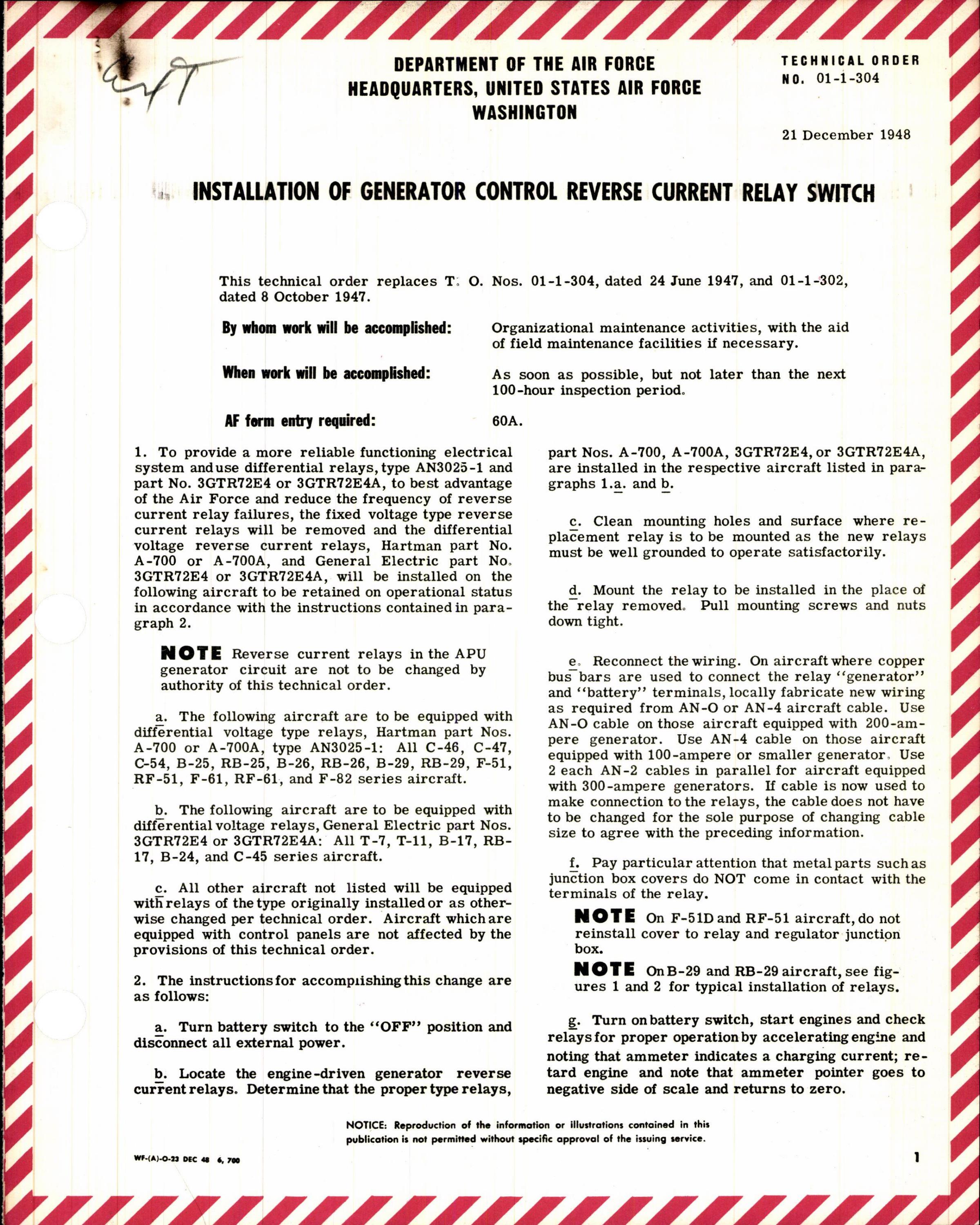 Sample page 1 from AirCorps Library document: Installation of Generator Control Reverse Current Relay Switch