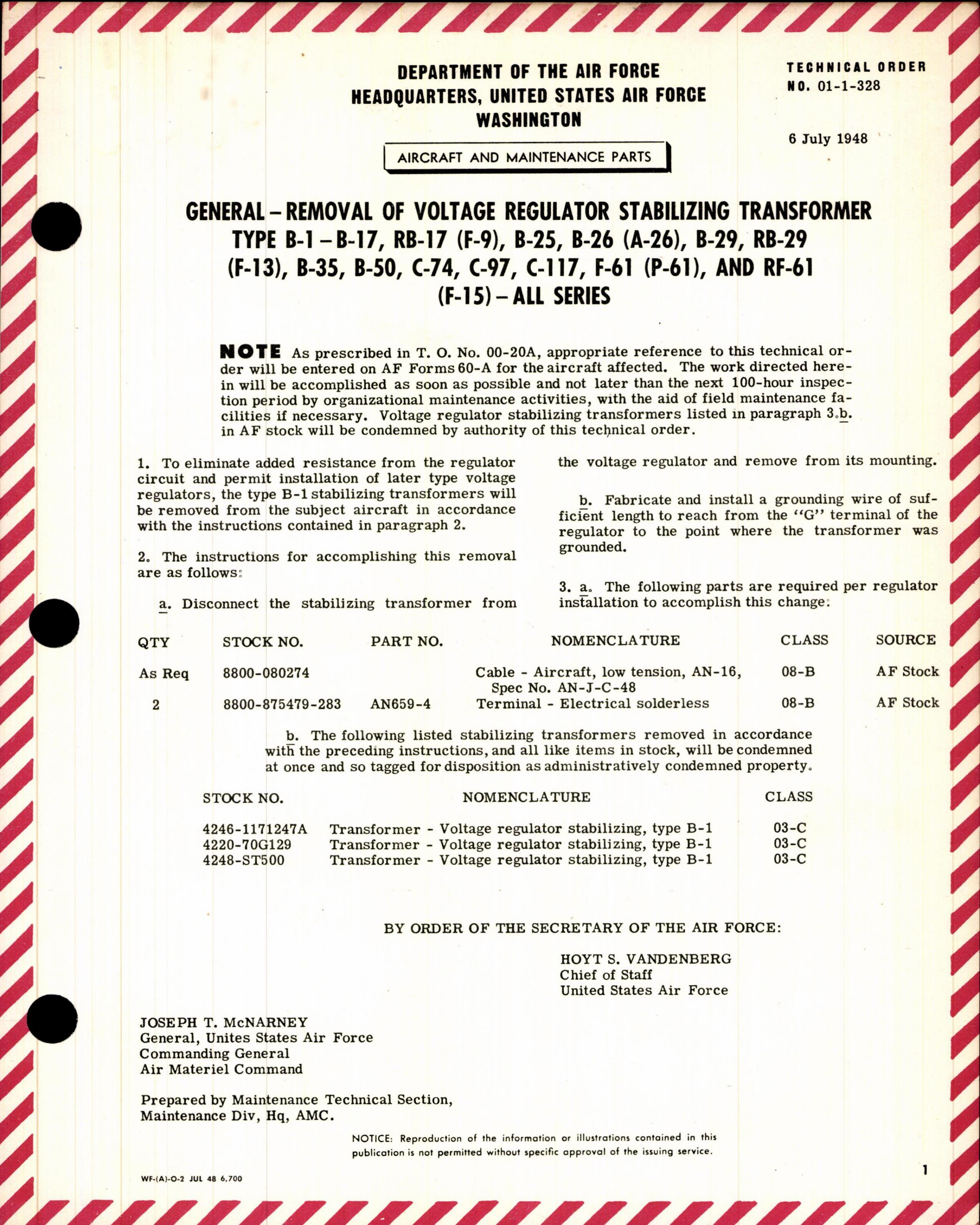 Sample page 1 from AirCorps Library document: Removal of Voltage Regulator Stabilizing Transformer