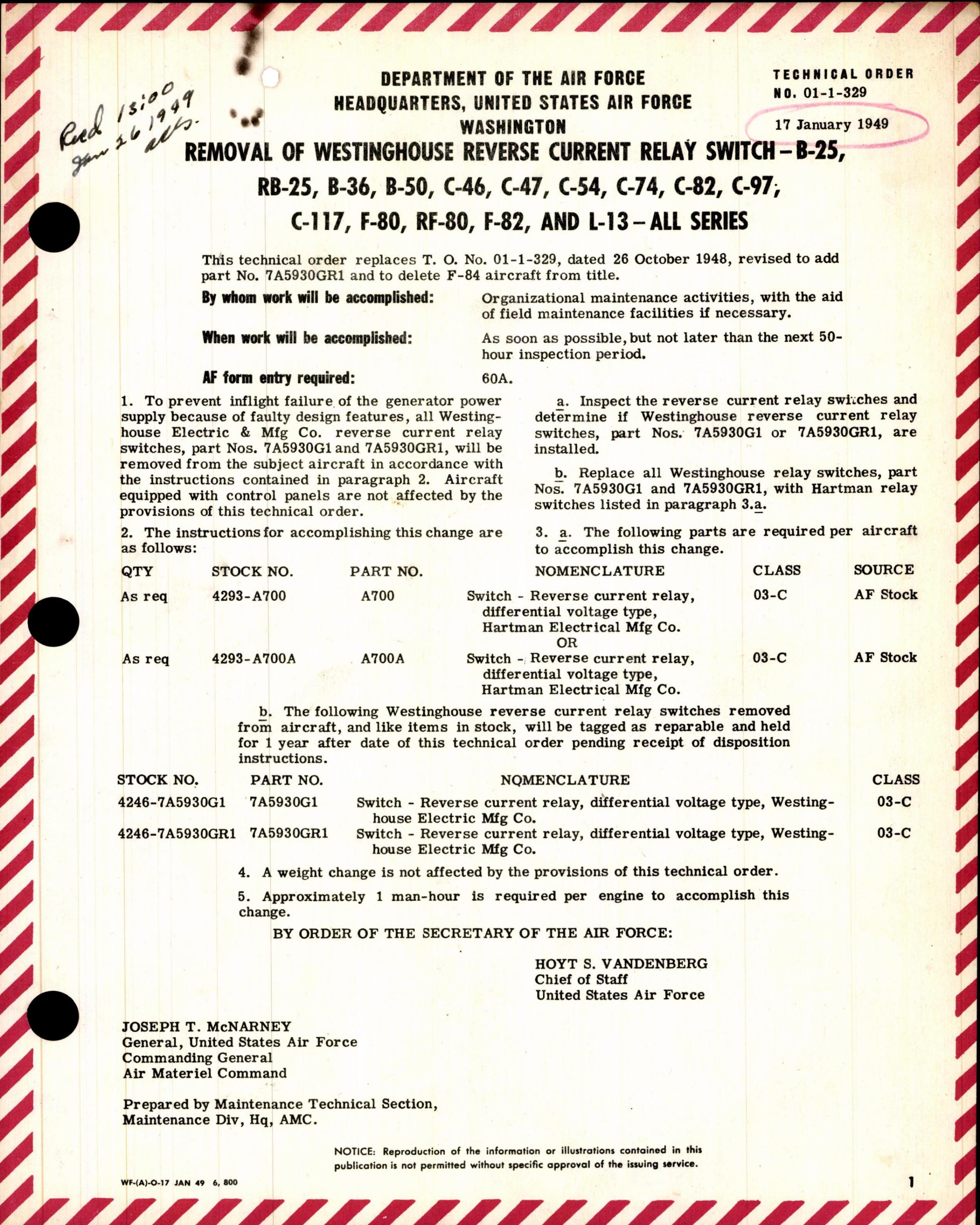 Sample page 1 from AirCorps Library document: Removal of Westinghouse Reverse Current Relay Switch