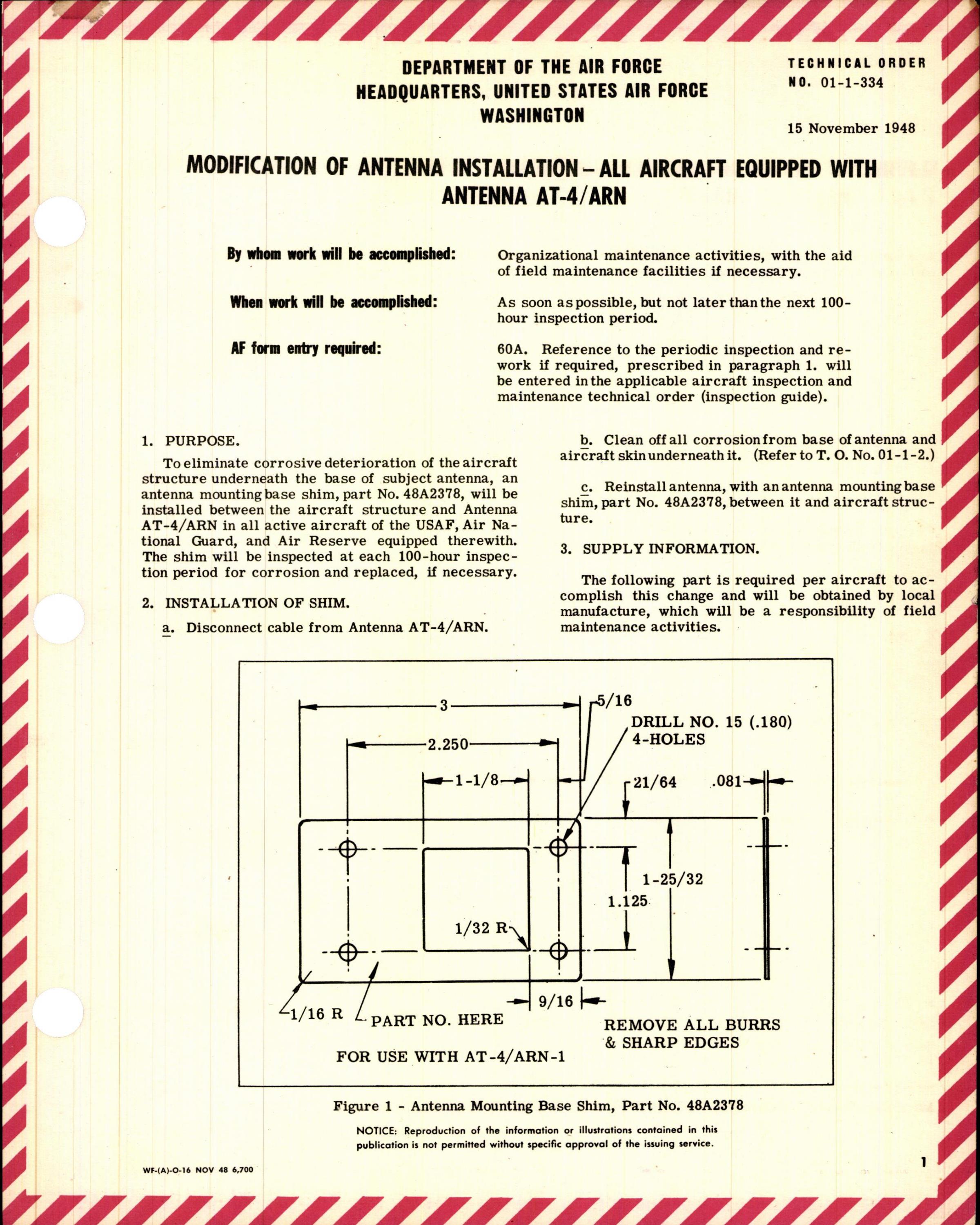 Sample page 1 from AirCorps Library document: Modification of Antenna Installation for all Aircraft Equipped with Antenna AT-4/ARN