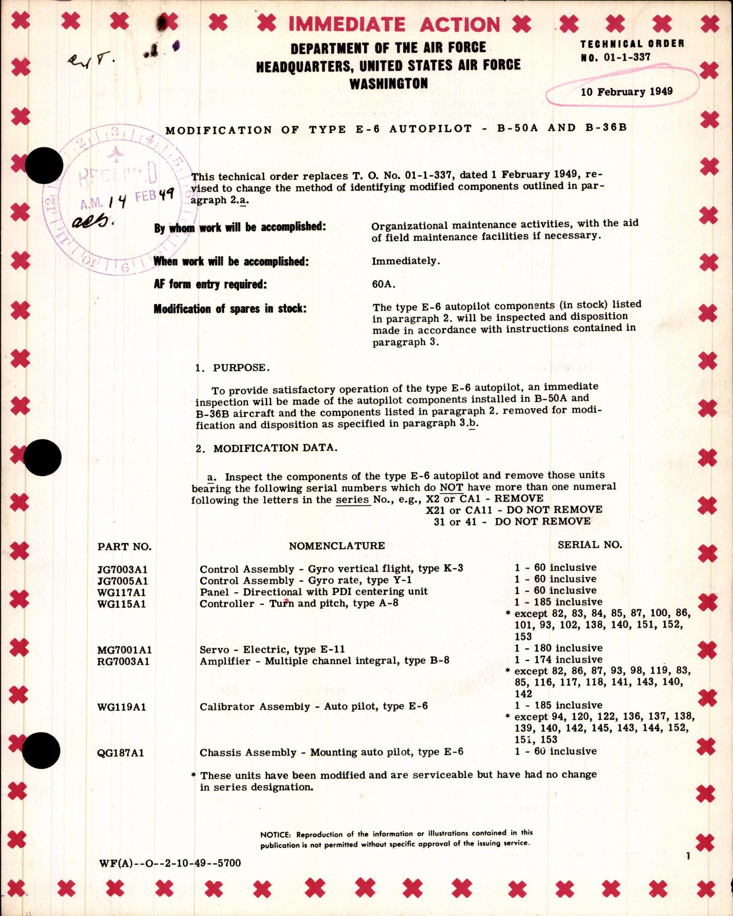 Sample page 1 from AirCorps Library document: Modification of Type E-6 Autopilot for B-50A and B-36B