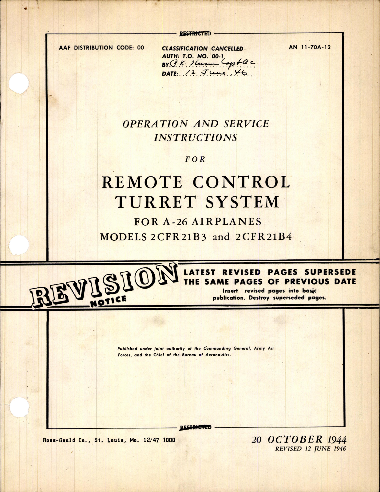 Sample page 1 from AirCorps Library document: Operation & Service Instructions for Remote Control Turret System for A-26