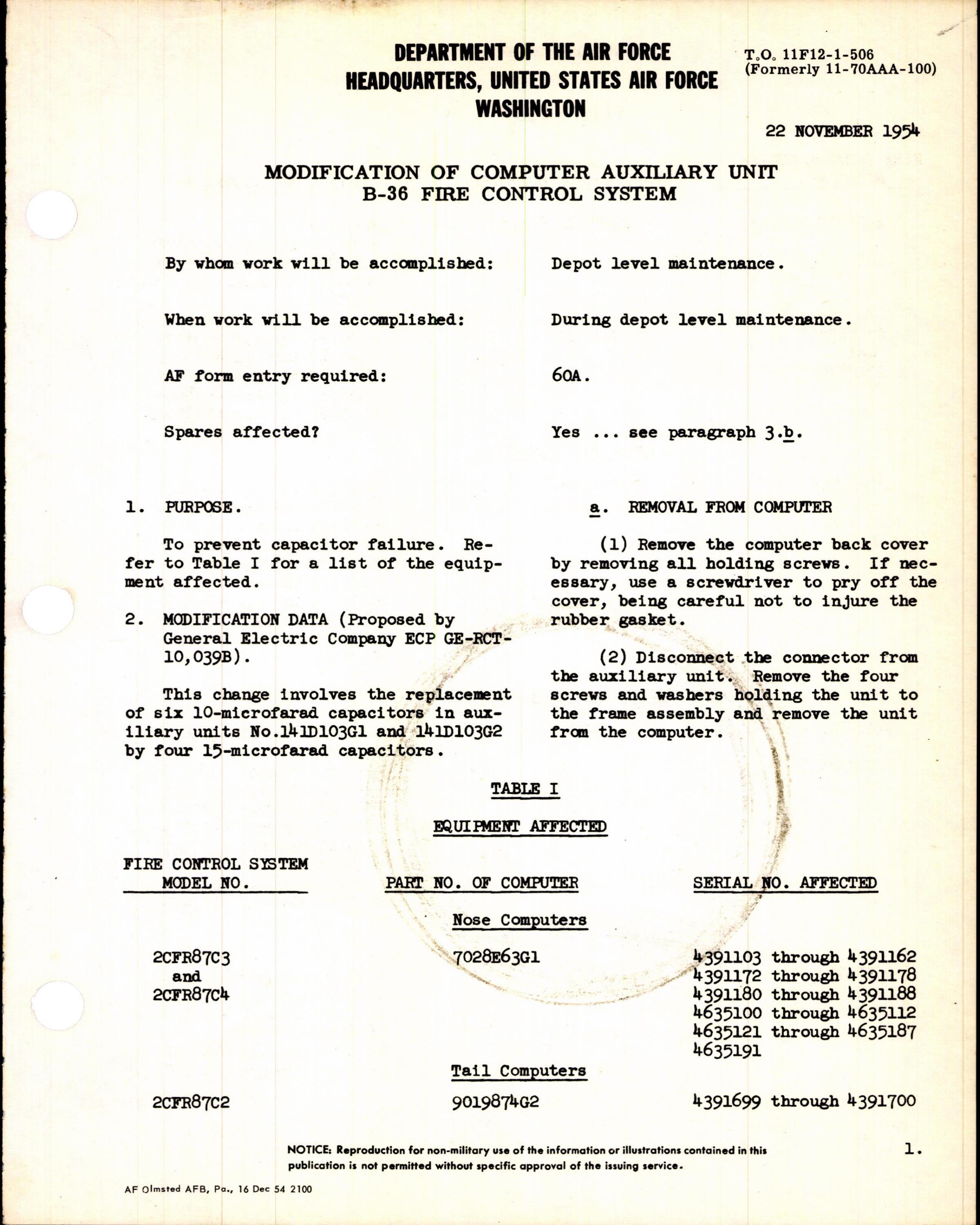 Sample page 1 from AirCorps Library document: Modification of Computer Auxiliary Unit for B-36 Fire Control System