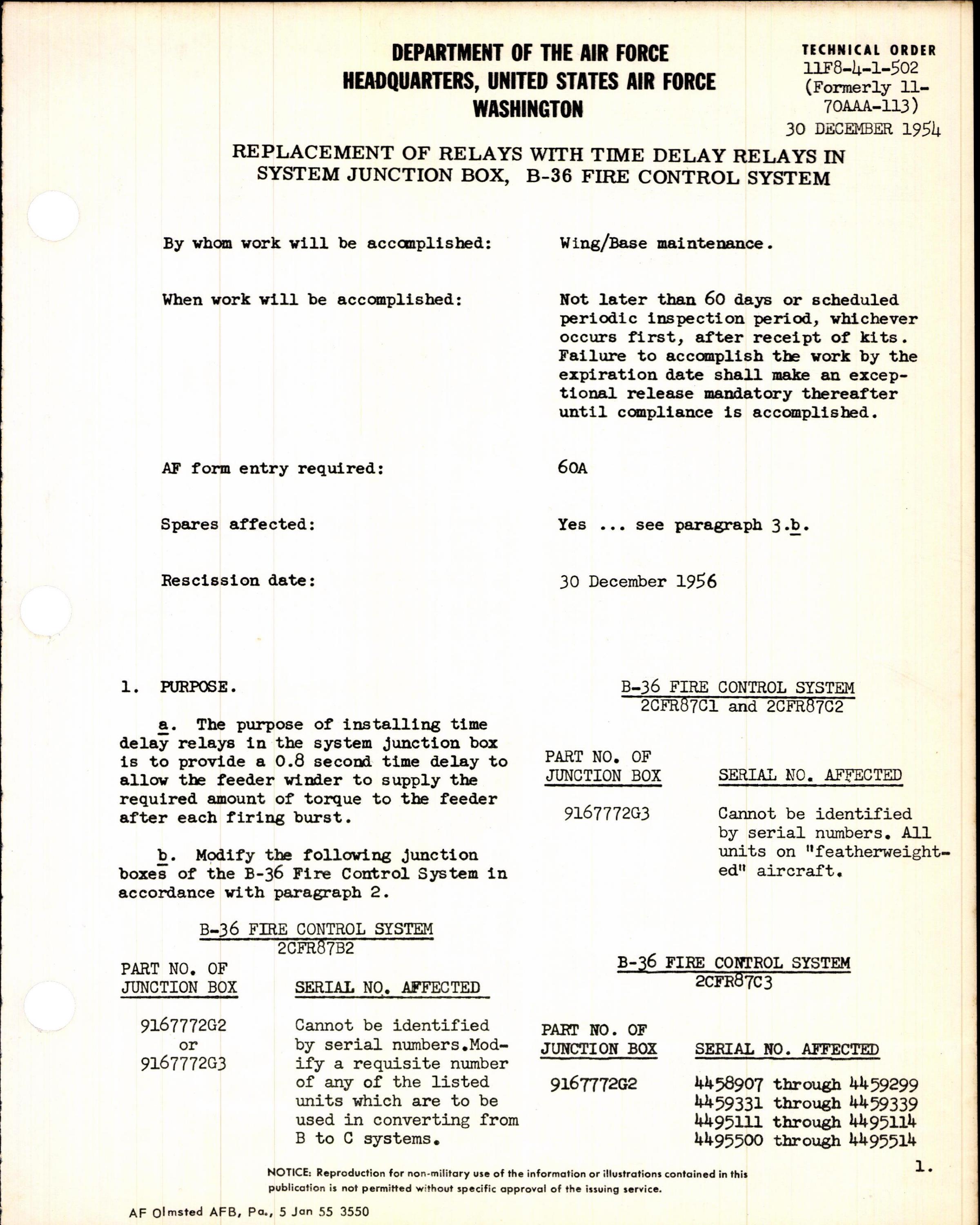 Sample page 1 from AirCorps Library document: Replacement of Relays with Time Delay Relays in System Junction Box for B-36 Fire Control System