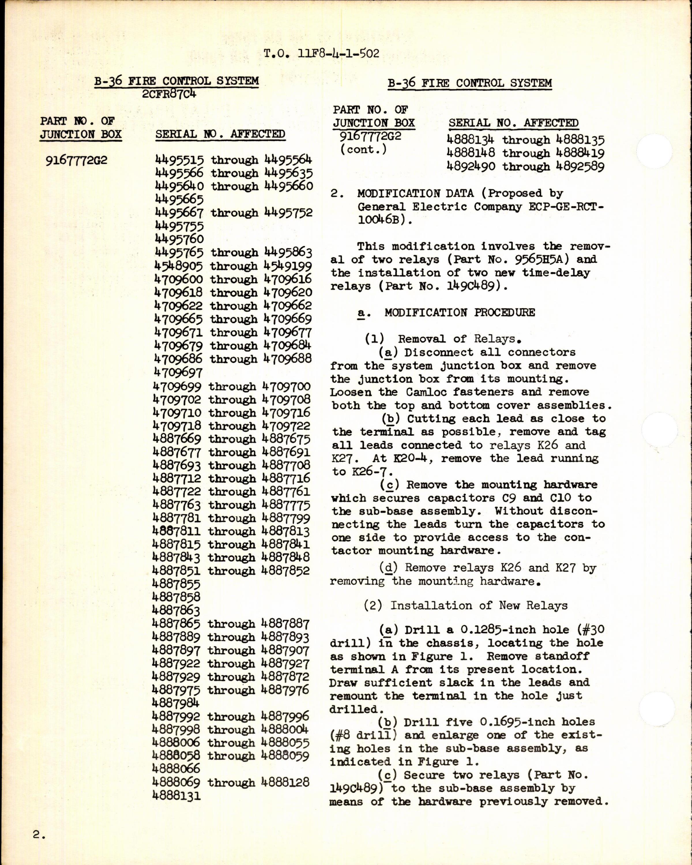 Sample page 2 from AirCorps Library document: Replacement of Relays with Time Delay Relays in System Junction Box for B-36 Fire Control System