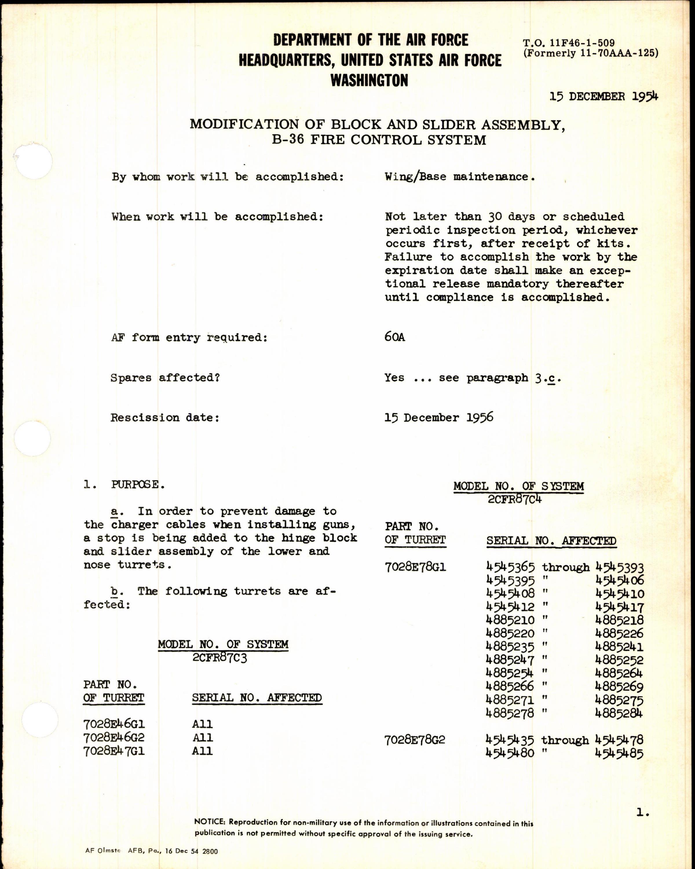 Sample page 1 from AirCorps Library document: Modification of Block and Slider Assembly for B-36 Fire Control System