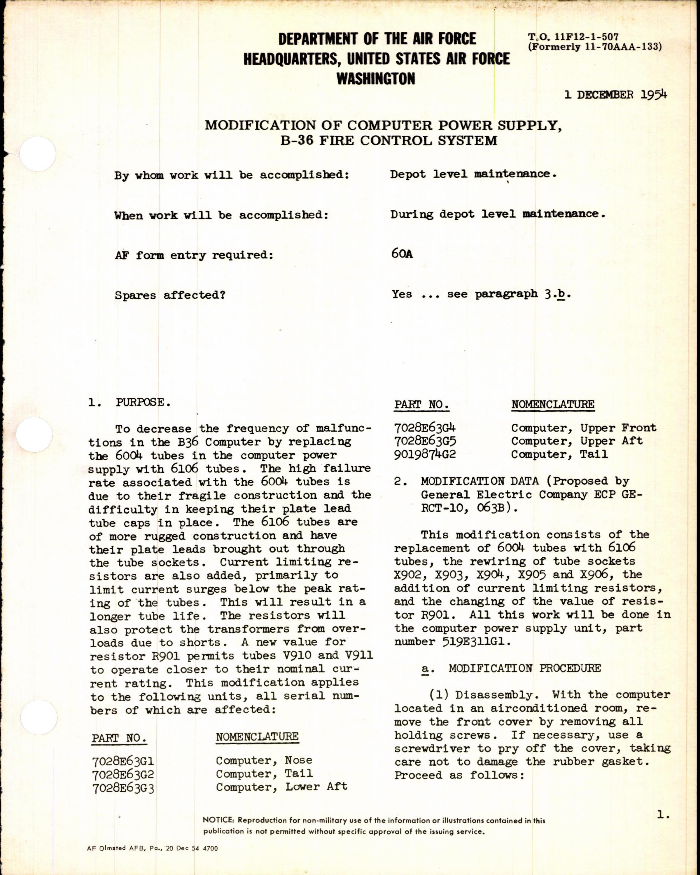 Sample page 1 from AirCorps Library document: Modification of Computer Power Supply for B-36 Fire Control System