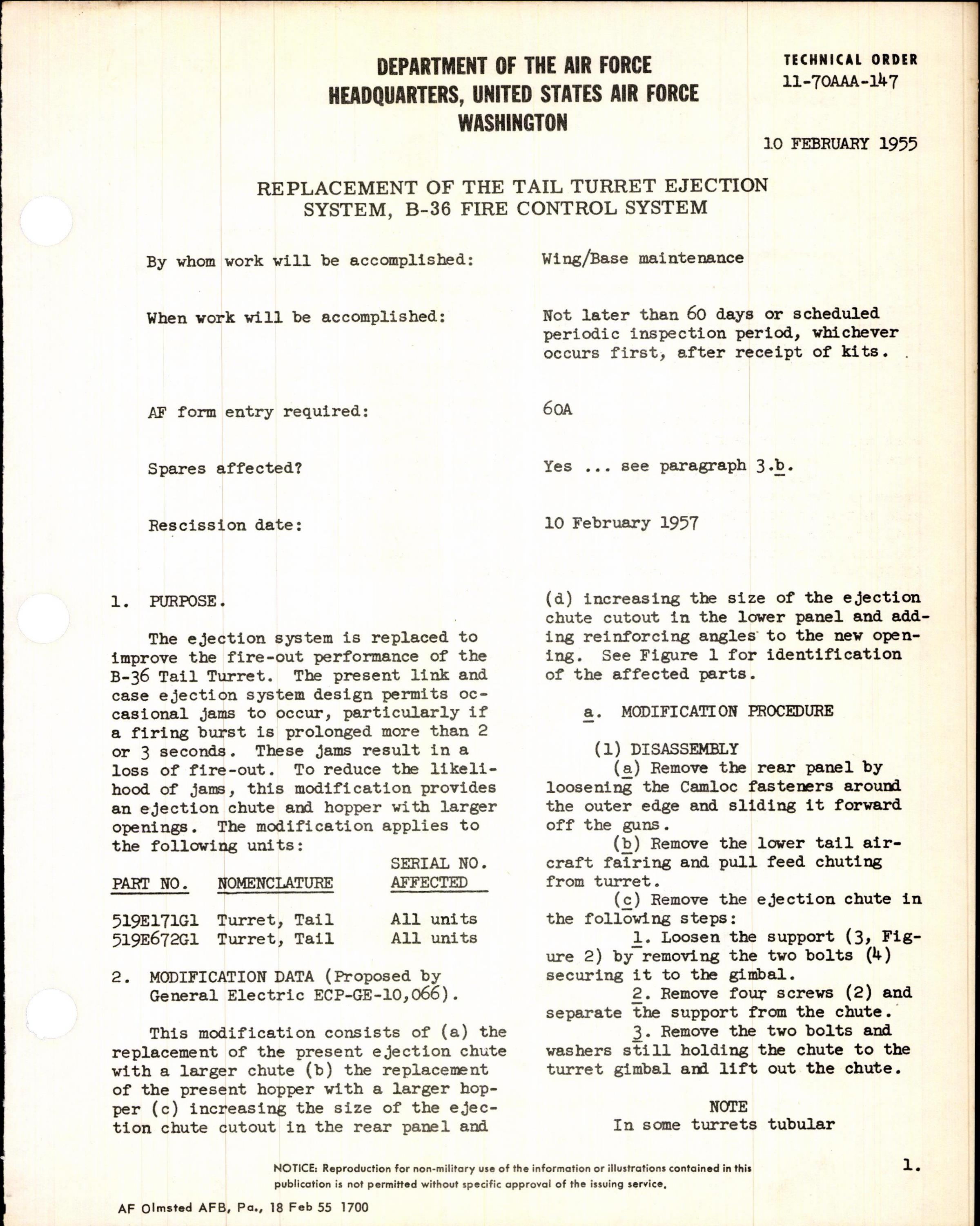 Sample page 1 from AirCorps Library document: Replacement of the Tail Turret Ejection System for the B-36 Fire Control System