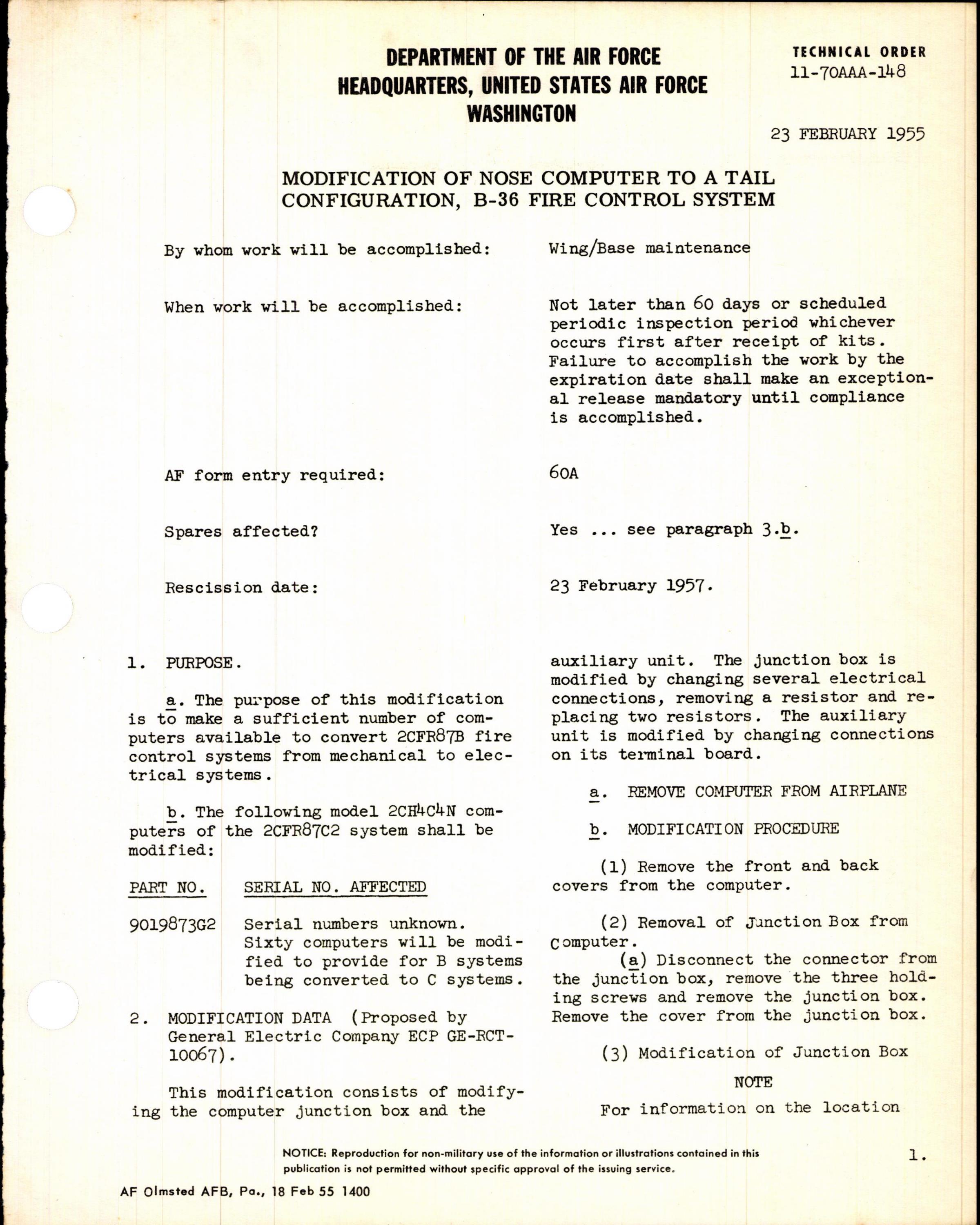 Sample page 1 from AirCorps Library document: Modification of Nose Computer to a Tail Configuration for B-36 Fire Control System