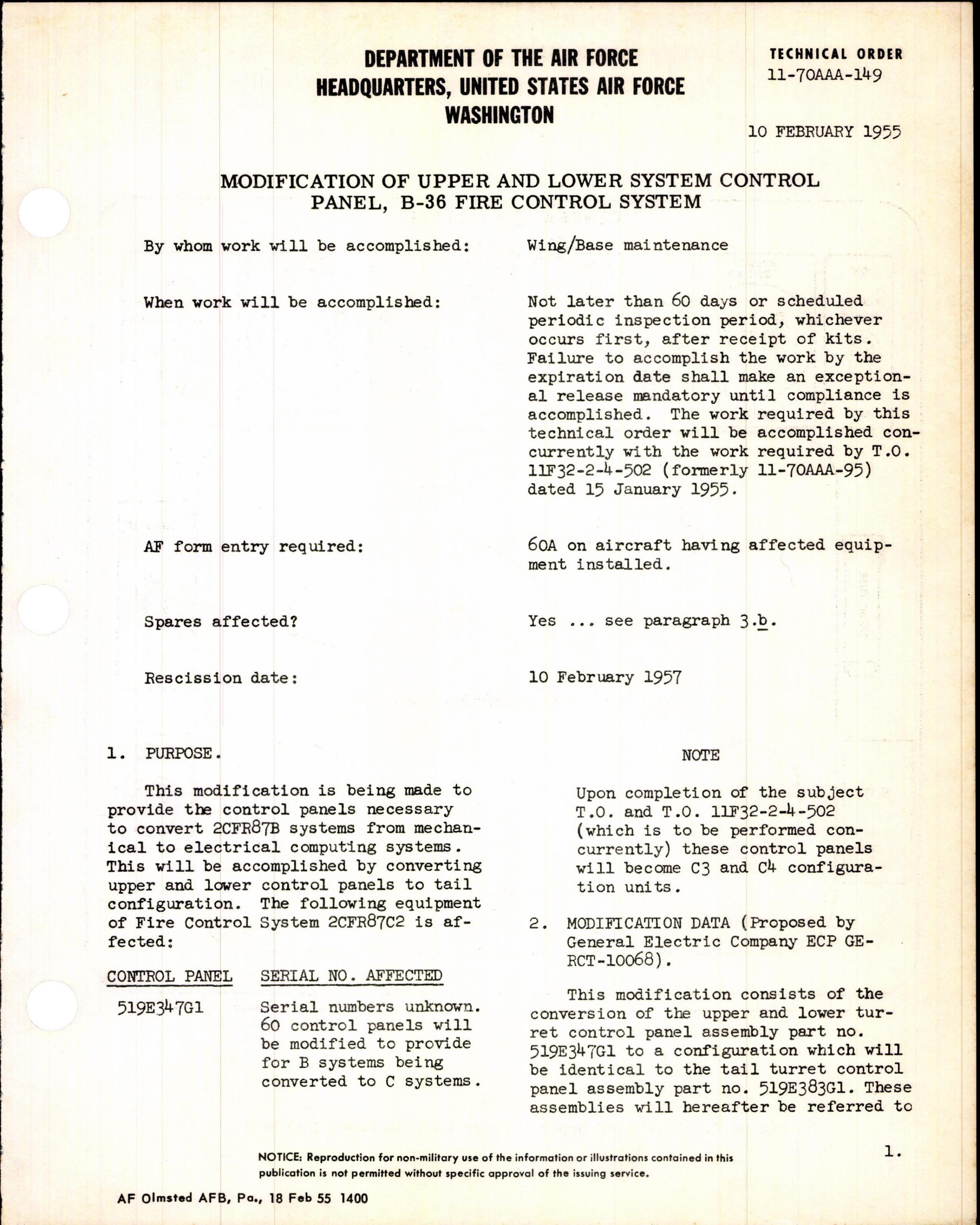 Sample page 1 from AirCorps Library document: Modification of Upper and Lower System Control Panel for B-36 Fire Control System