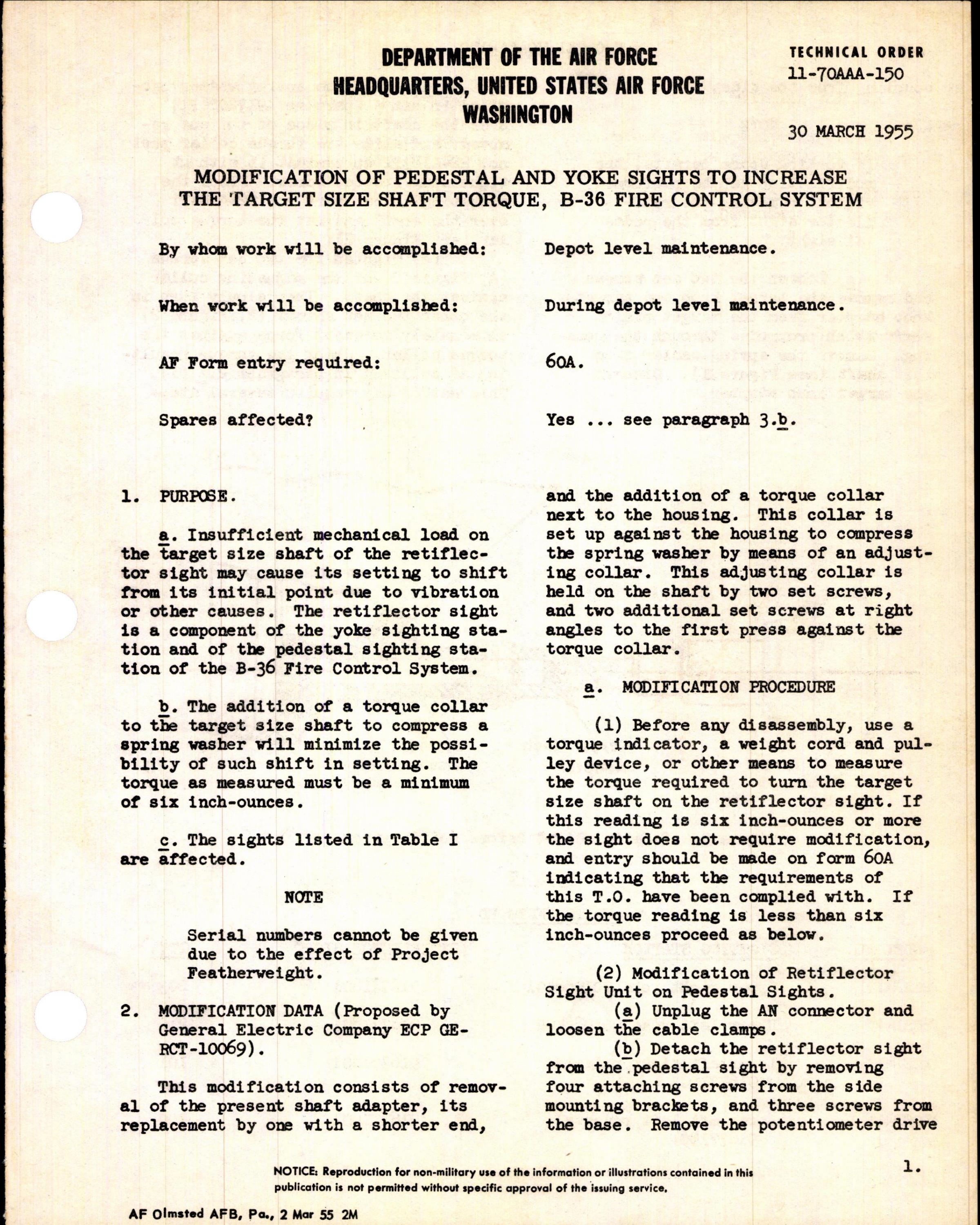 Sample page 1 from AirCorps Library document: Modification of Pedestal and Yoke Sights to Increase the Target Size Shaft Torque for B-36 Fire Control System