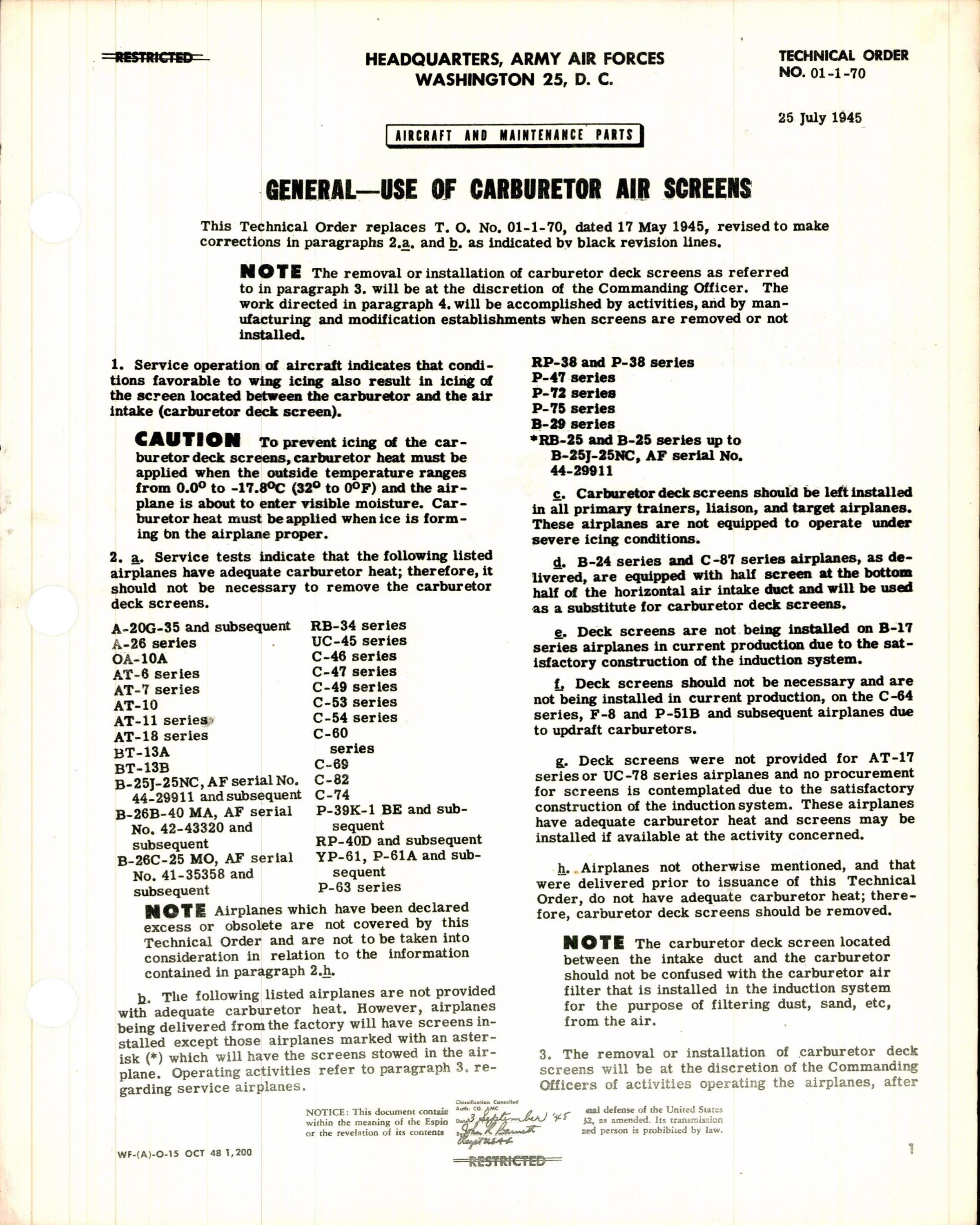 Sample page 1 from AirCorps Library document: Use of Carburetor Air Screens