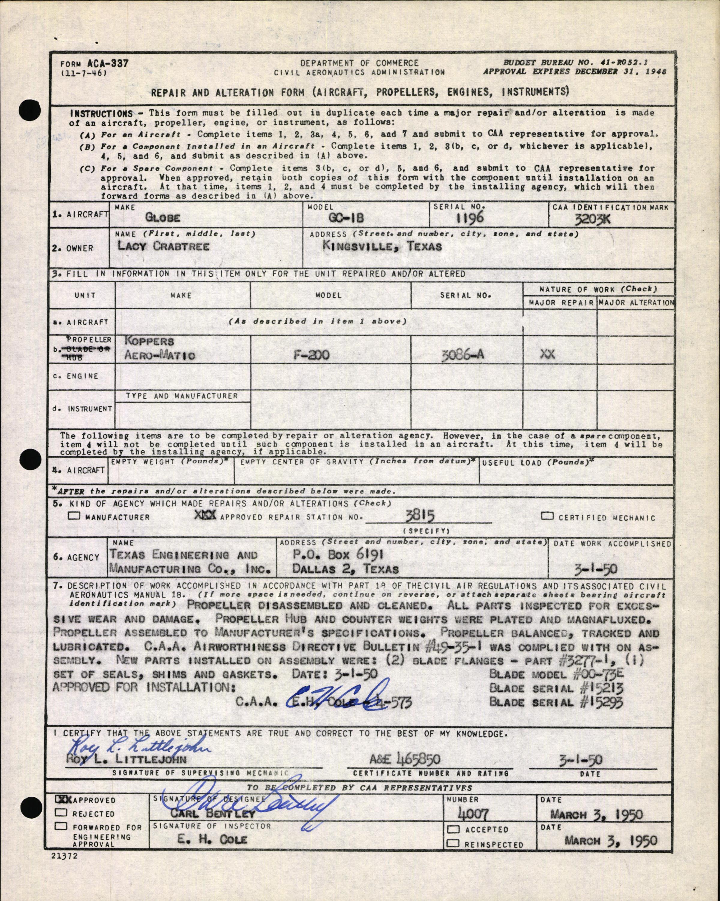 Sample page 5 from AirCorps Library document: Technical Information for Serial Number 1196