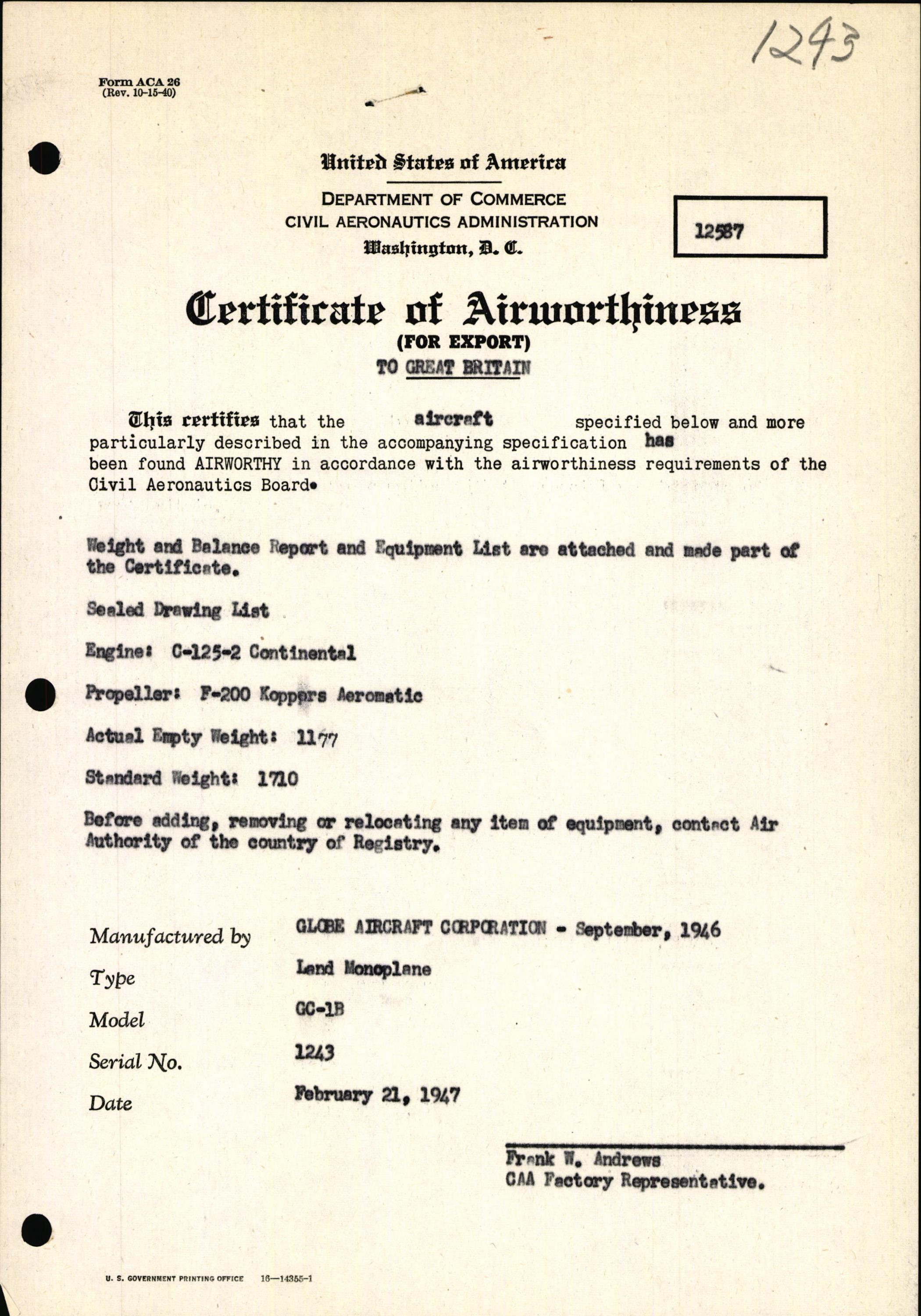 Sample page 3 from AirCorps Library document: Technical Information for Serial Number 1243