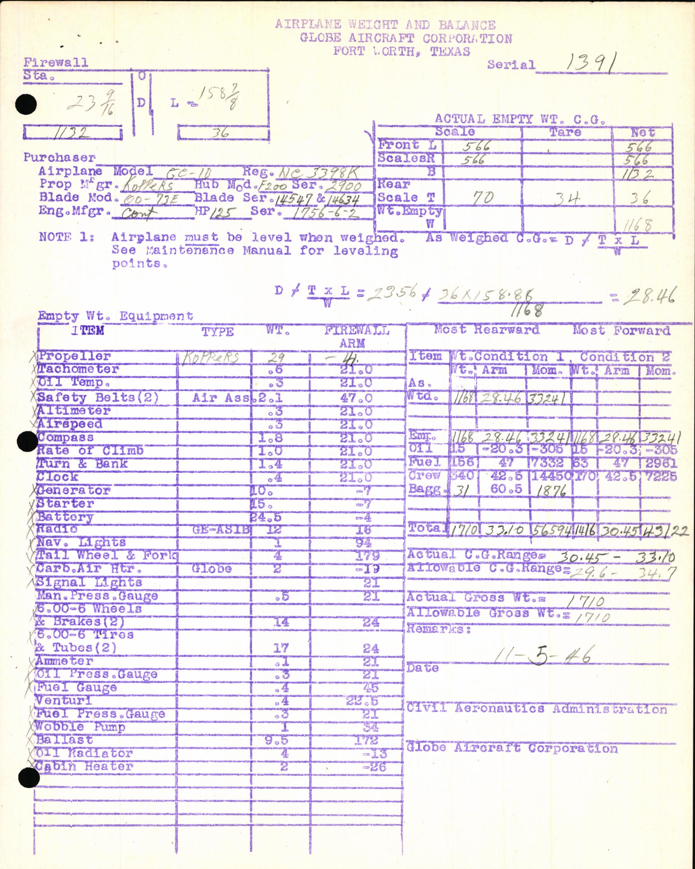 Sample page 5 from AirCorps Library document: Technical Information for Serial Number 1391