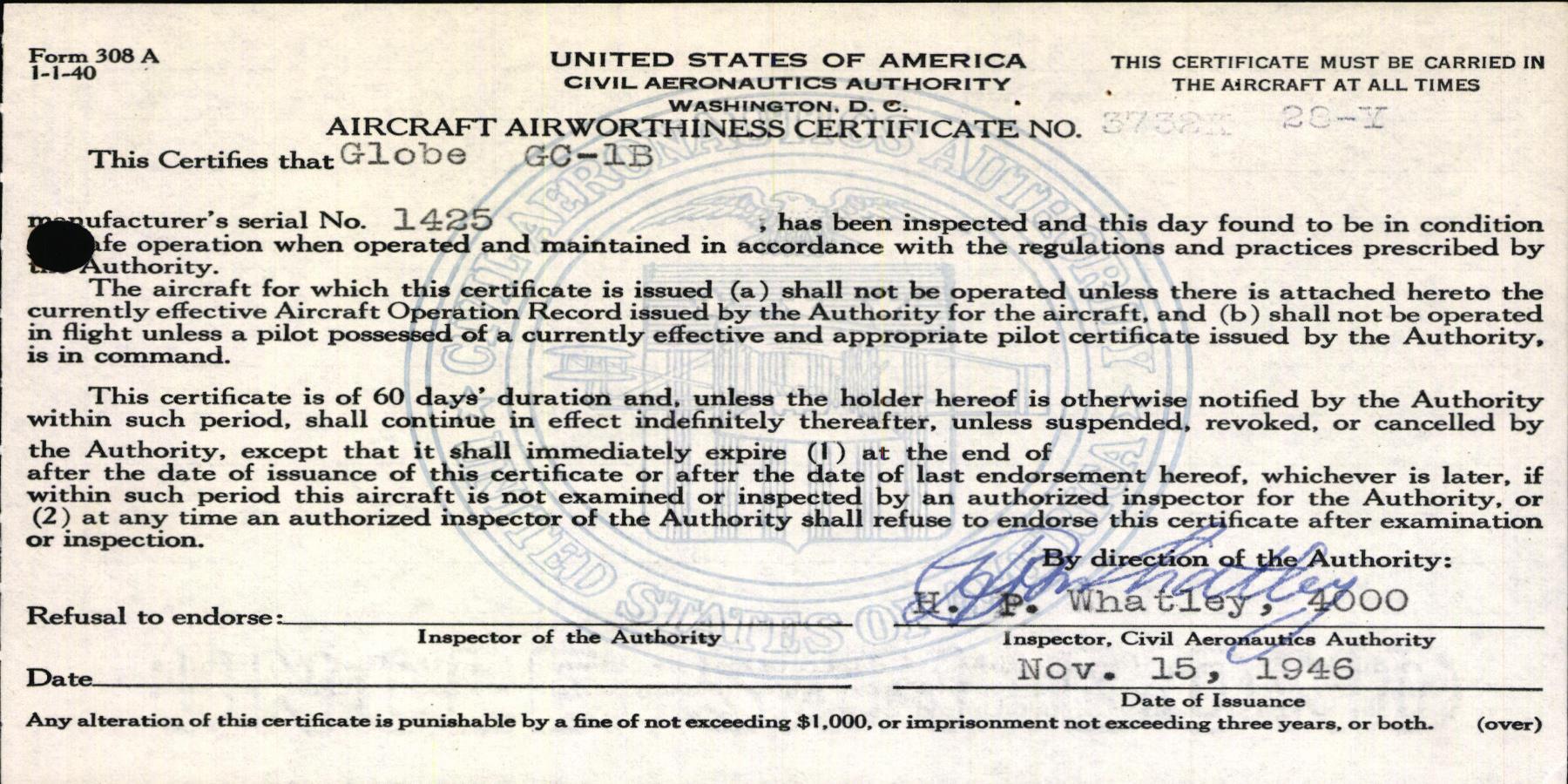 Sample page 5 from AirCorps Library document: Technical Information for Serial Number 1425