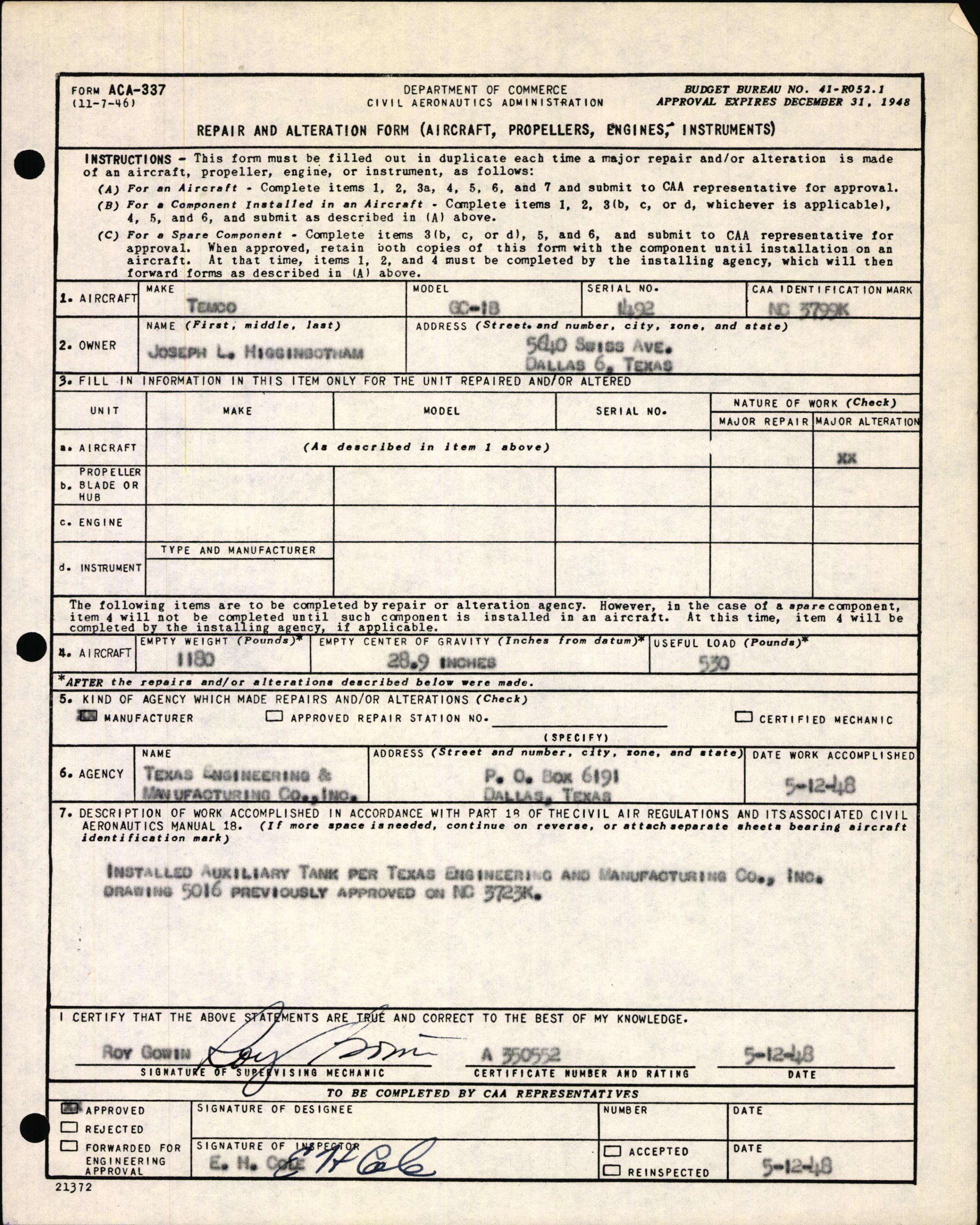 Sample page 5 from AirCorps Library document: Technical Information for Serial Number 1492