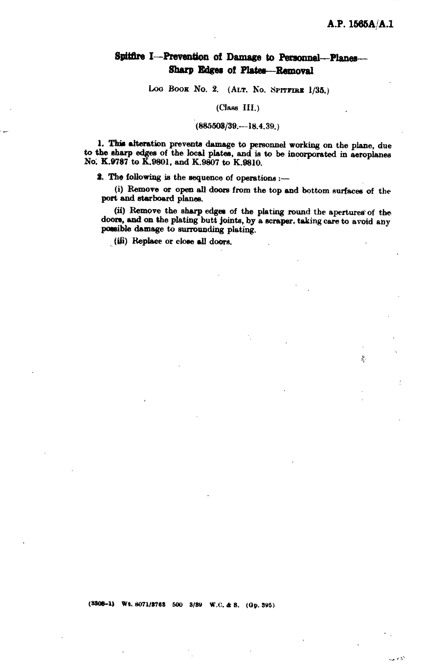 Sample page 1 from AirCorps Library document: Spitfire I Prevention of Damage to Personnel - Planes - Sharp Edges of Plates Removal