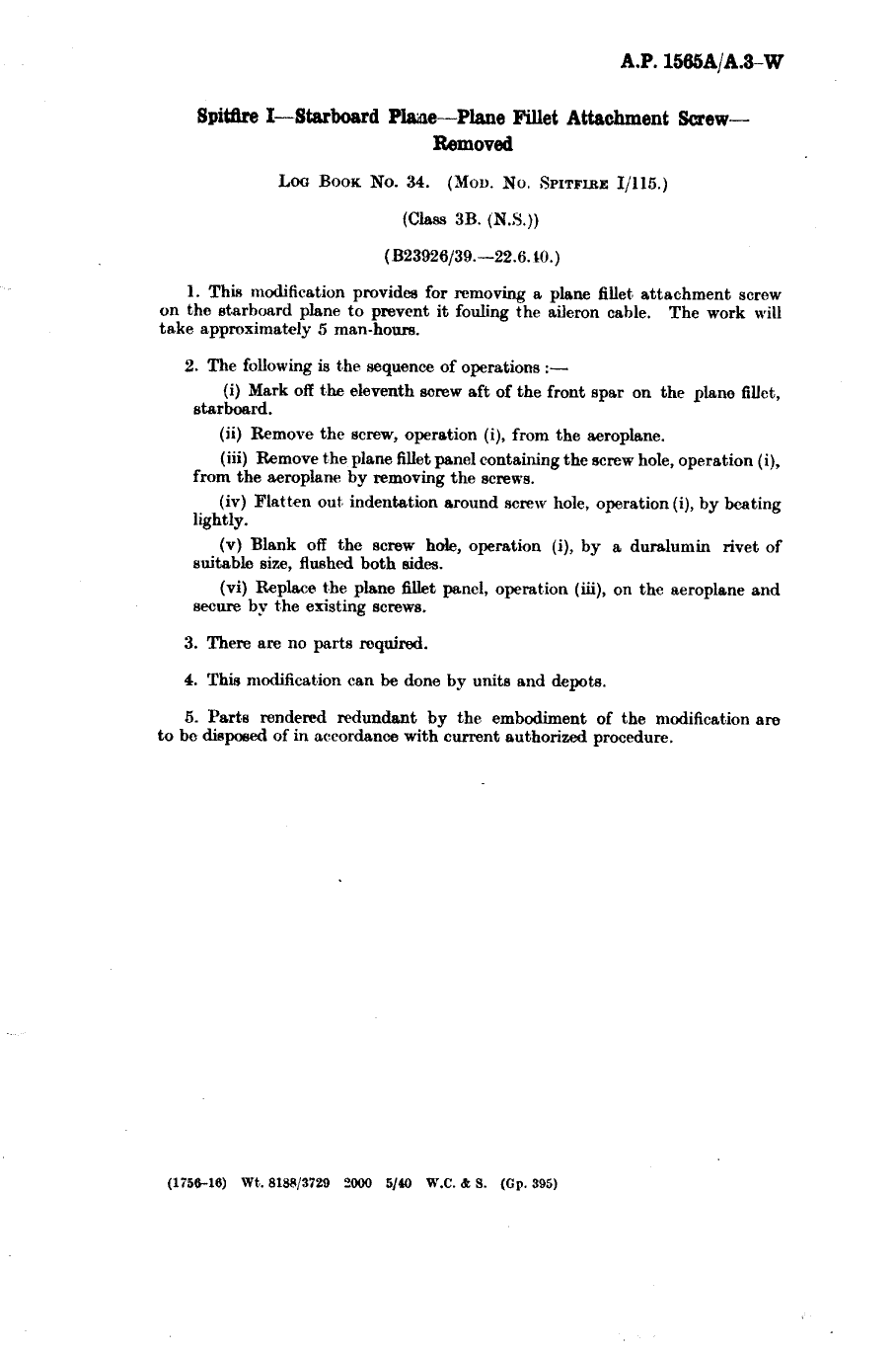 Sample page 1 from AirCorps Library document: Spitfire I Starboard Plane - Plane Fillet Attachment Screw Removed