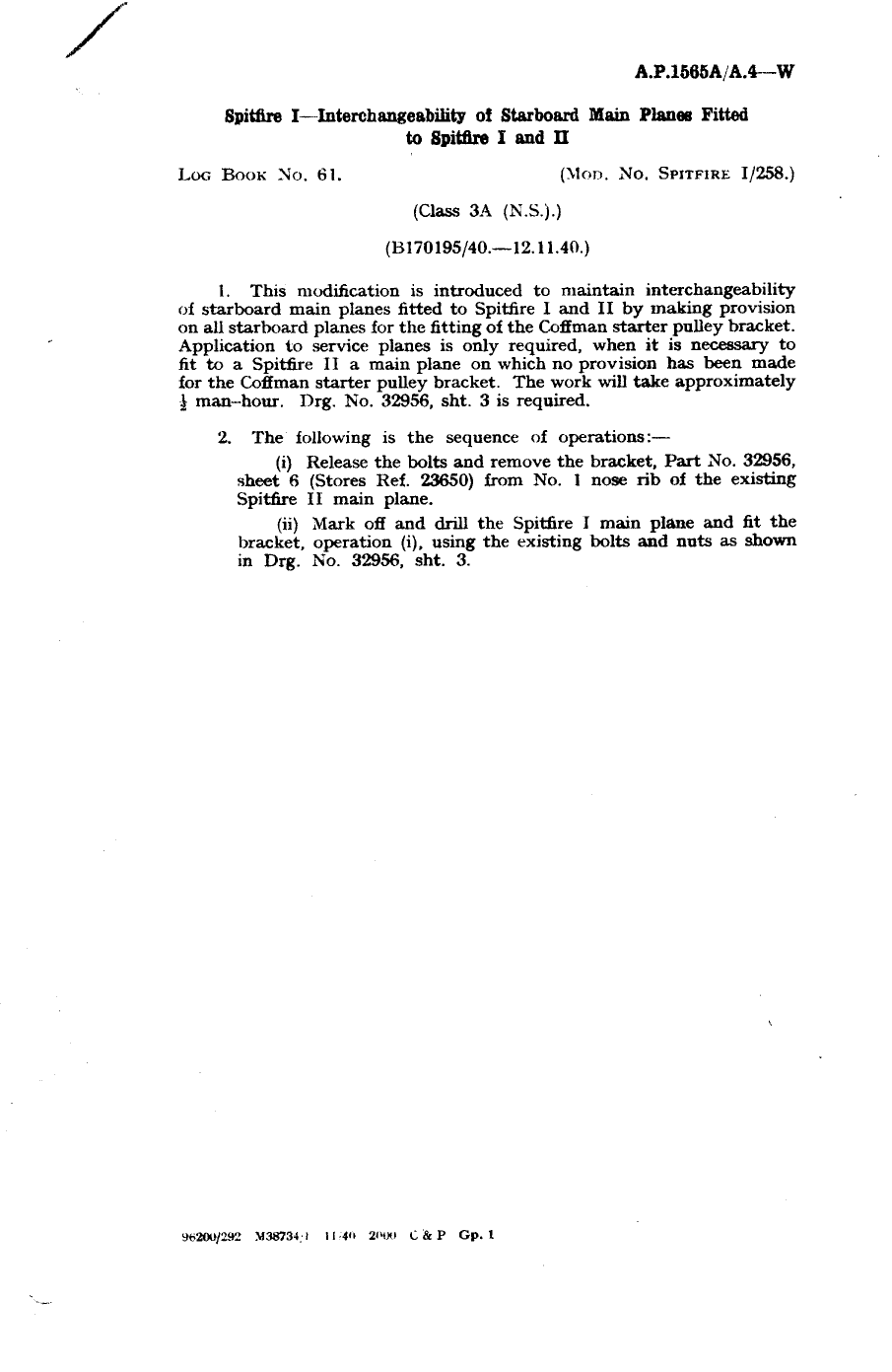 Sample page 1 from AirCorps Library document: Spitfire I Interchangeability of Starboard Main Planes Fitted to Spitfire I and II