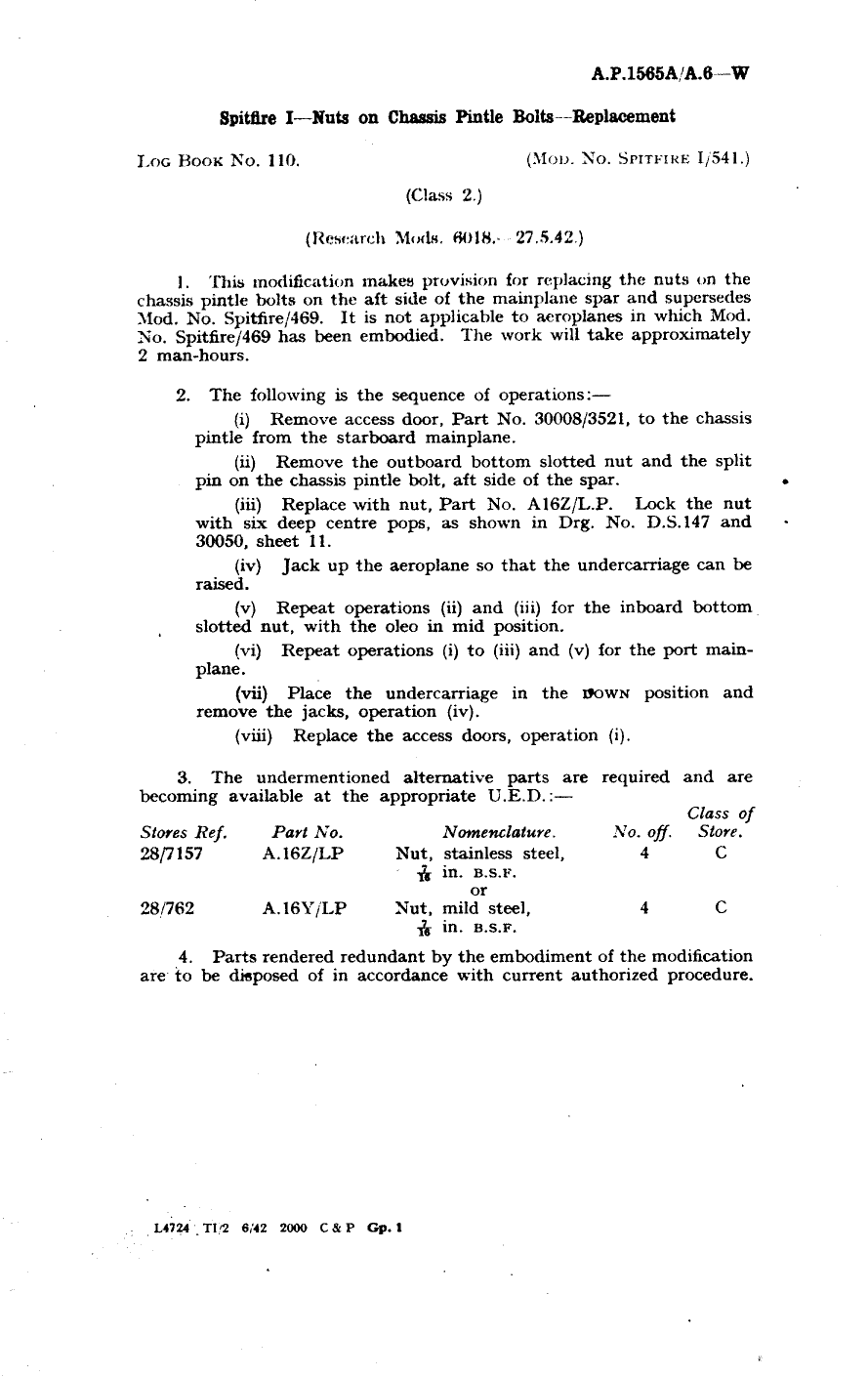 Sample page 1 from AirCorps Library document: Spitfire I Nuts on Classic Pintle Bolts Replacement