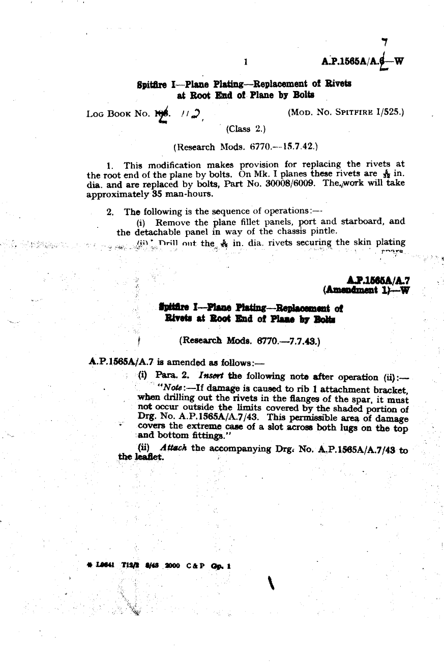 Sample page 1 from AirCorps Library document: Spitfire I Plane Plating Replacement of Rivets at Root End of Plane By Bolts