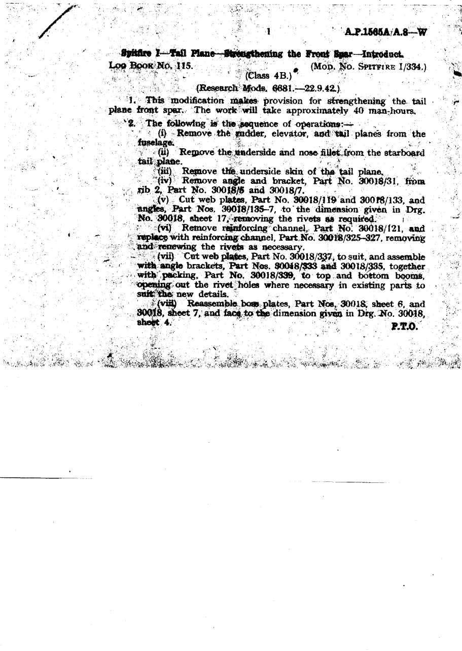 Sample page 1 from AirCorps Library document: Spitfire I Tail Plane Strengthening the Front Spar Introduction