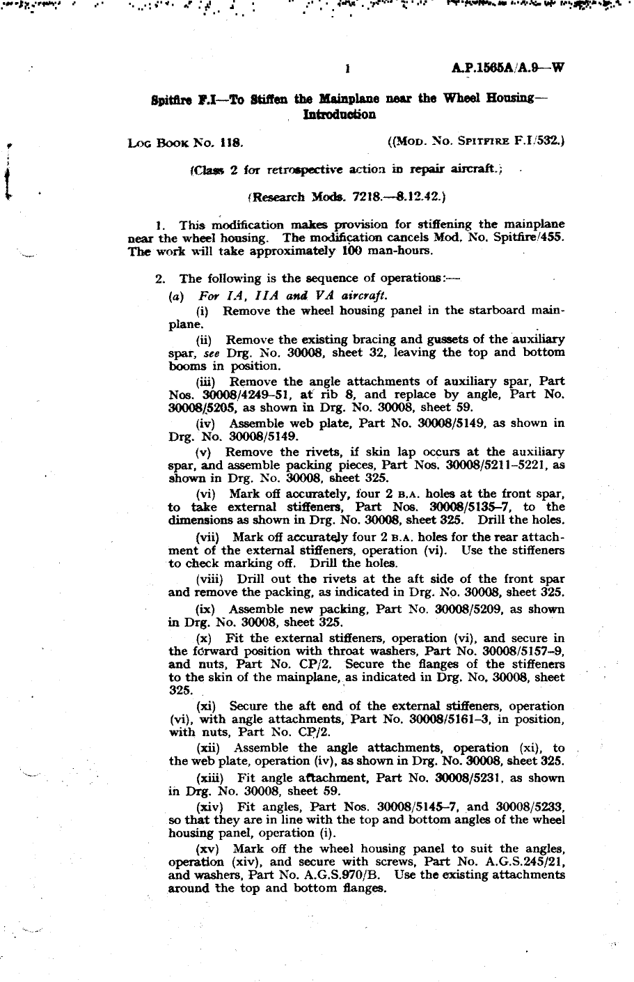 Sample page 1 from AirCorps Library document: Spitfire FI To Stiffen the Mainplane near the Wheel Housing Introduction