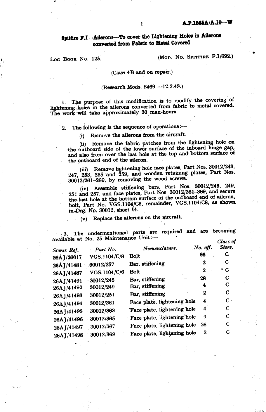 Sample page 1 from AirCorps Library document: Spitfire FI Ailerons To Cover the Lightening Holes in Ailerons Converted From Fabric to Metal Covered