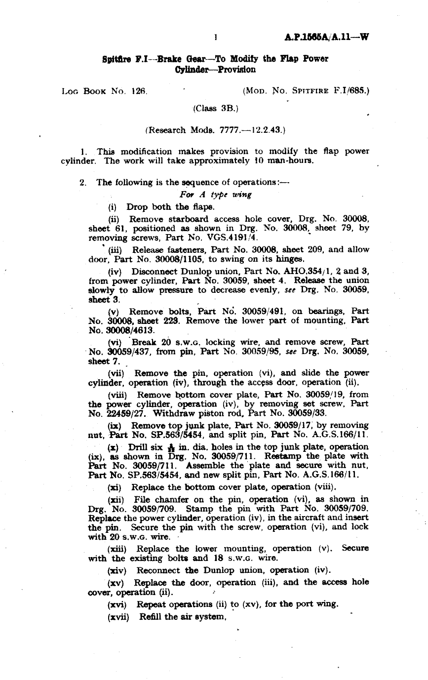 Sample page 1 from AirCorps Library document: Spitfire FI Brake Gear To Modify the Flap Power Cylinder Provision