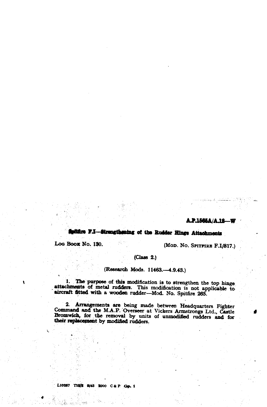 Sample page 1 from AirCorps Library document: Spitfire F.I Strengthening of the Rudder Hinge Attachments