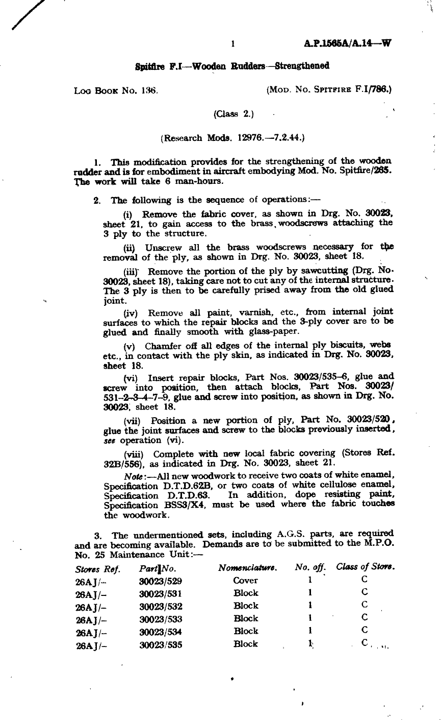 Sample page 1 from AirCorps Library document: Spitfire F.I Wooden Rudders Strengthened