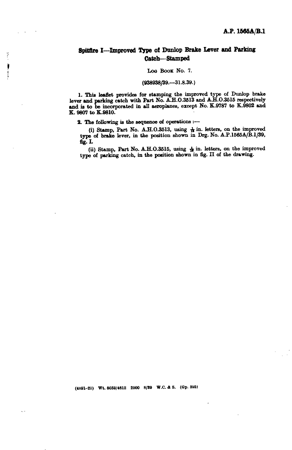 Sample page 1 from AirCorps Library document: Spitfire I Improved Type of Dunlop Brake Lever and Parking Catch Stamped